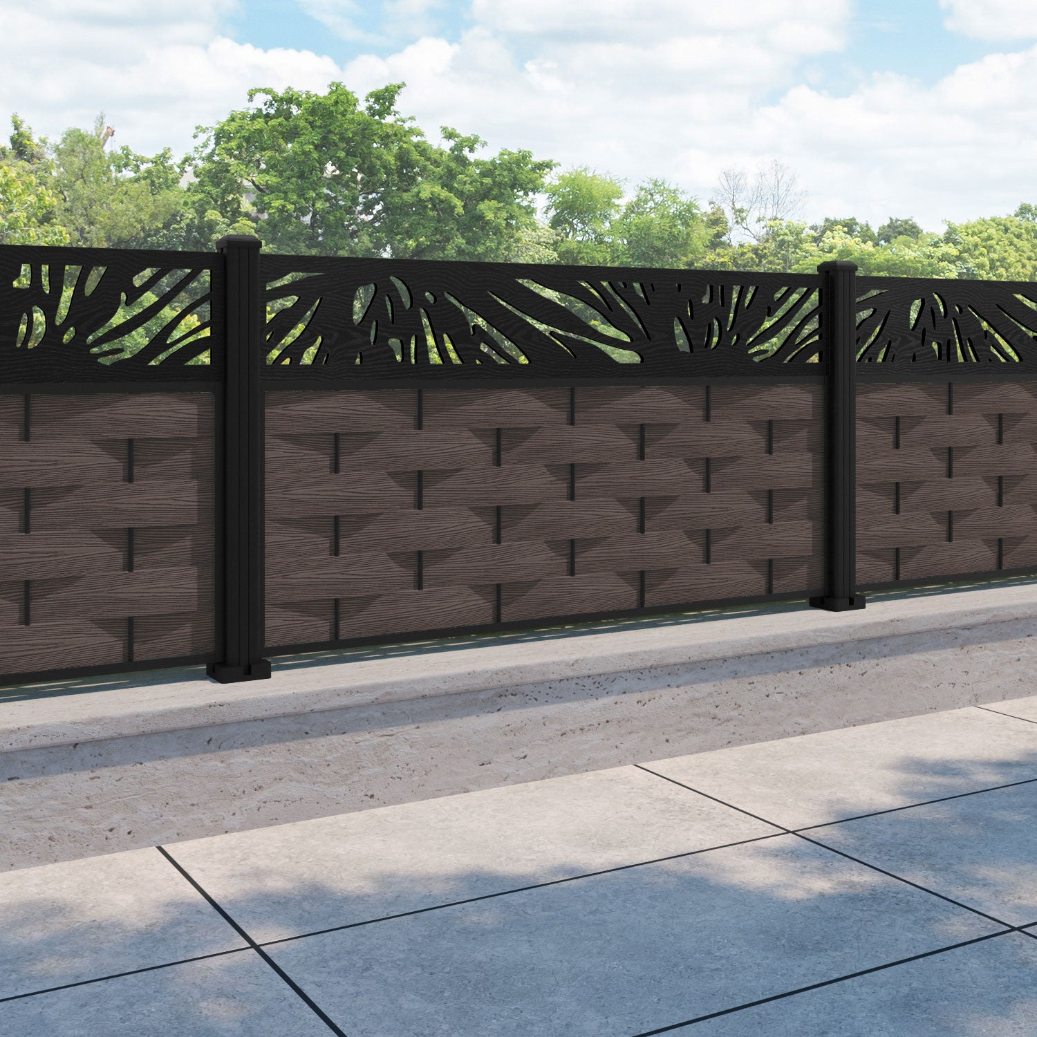 Ripple Poppy Fence Panel - Mid Brown - with our aluminium posts