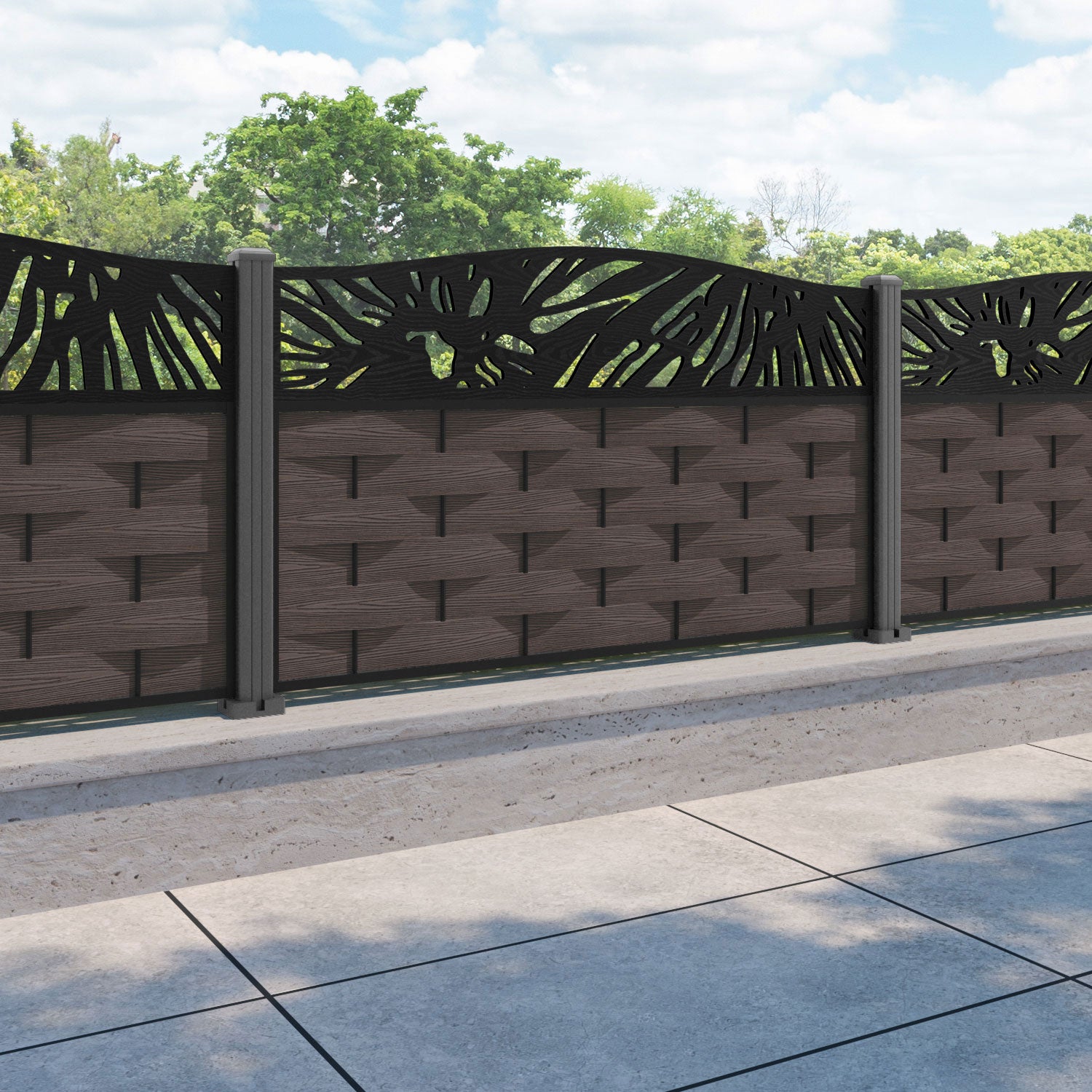 Ripple Poppy Curved Top Fence Panel - Mid Brown - with our aluminium posts