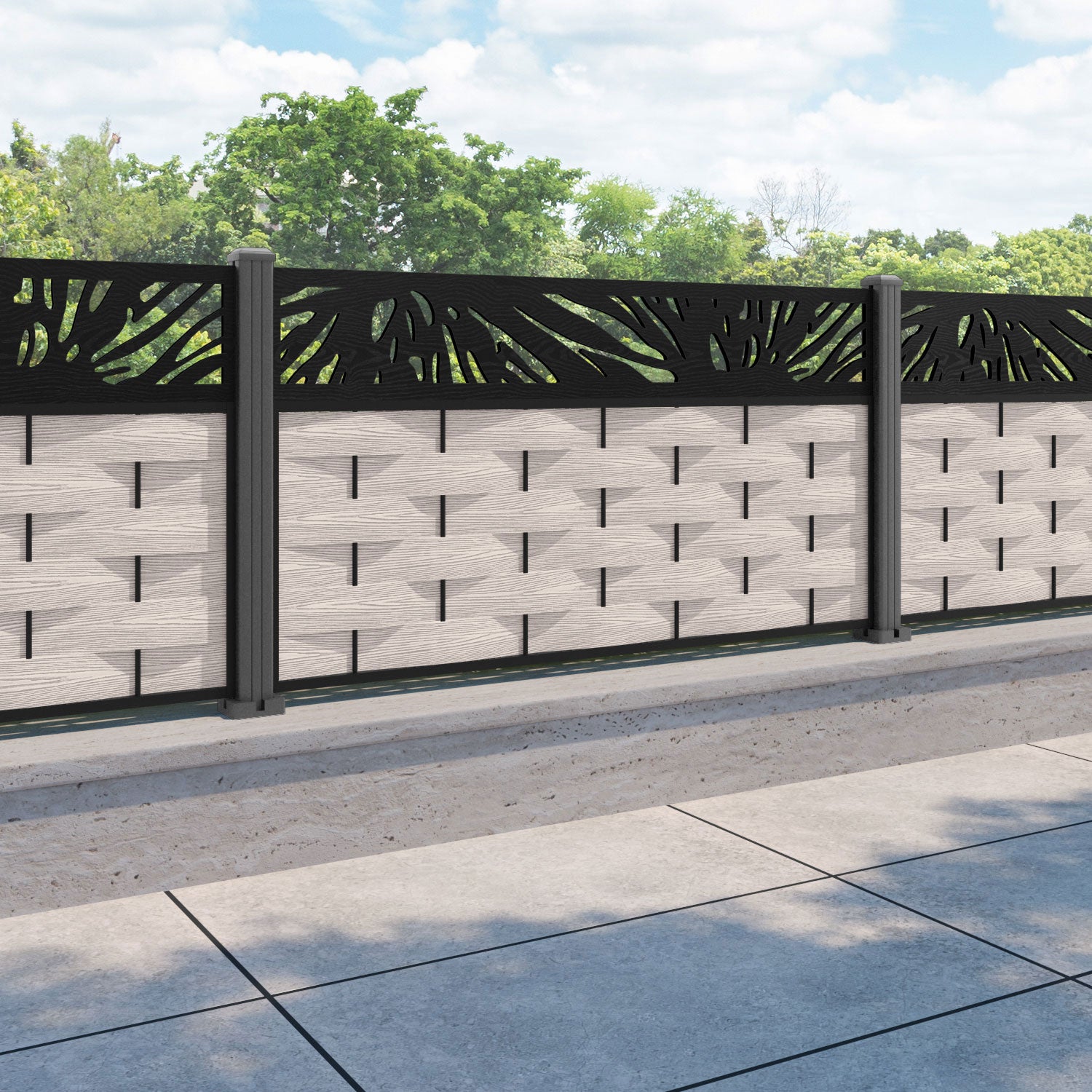 Ripple Poppy Fence Panel - Mid Stone - with our aluminium posts