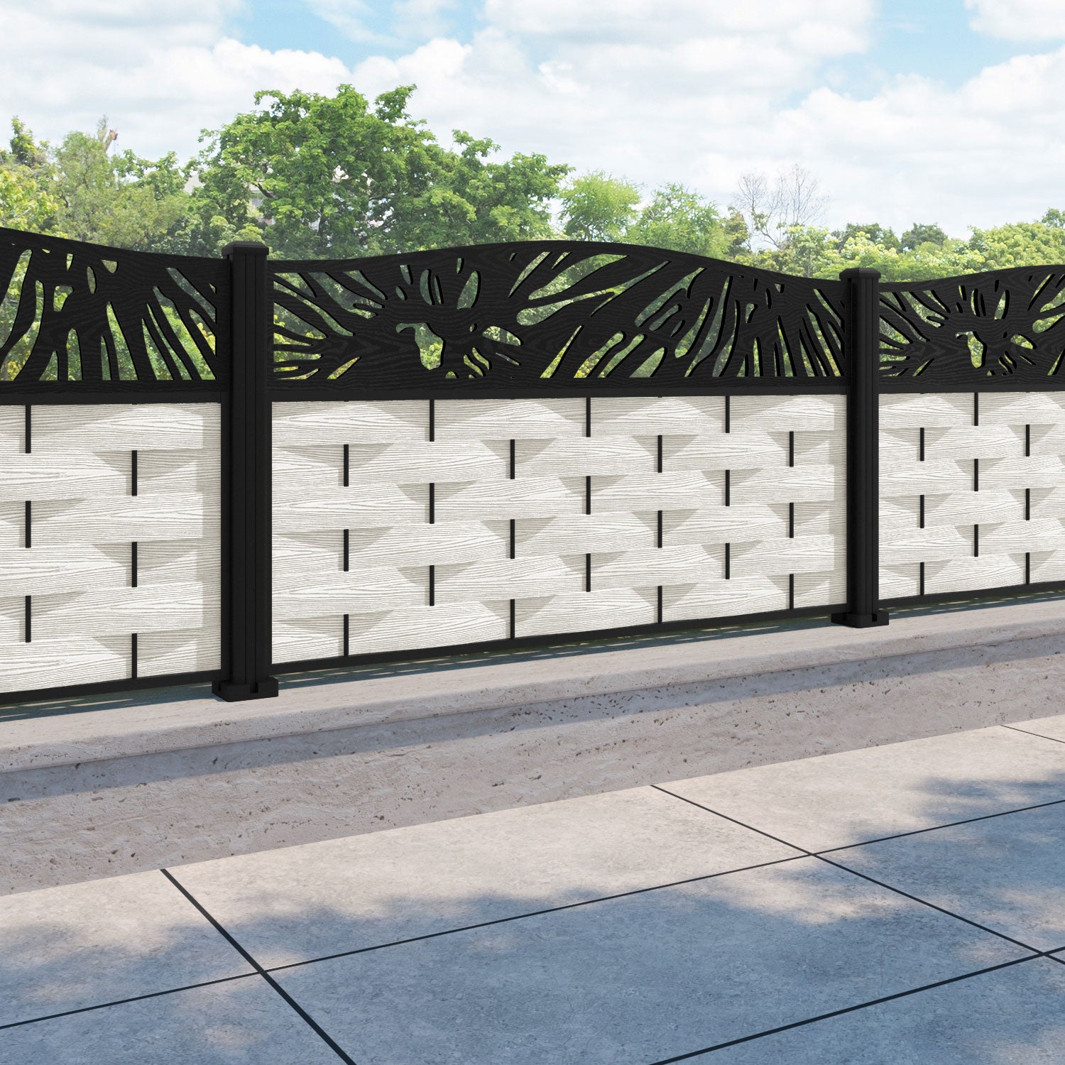 Ripple Poppy Curved Top Fence Panel - Light Stone - with our aluminium posts