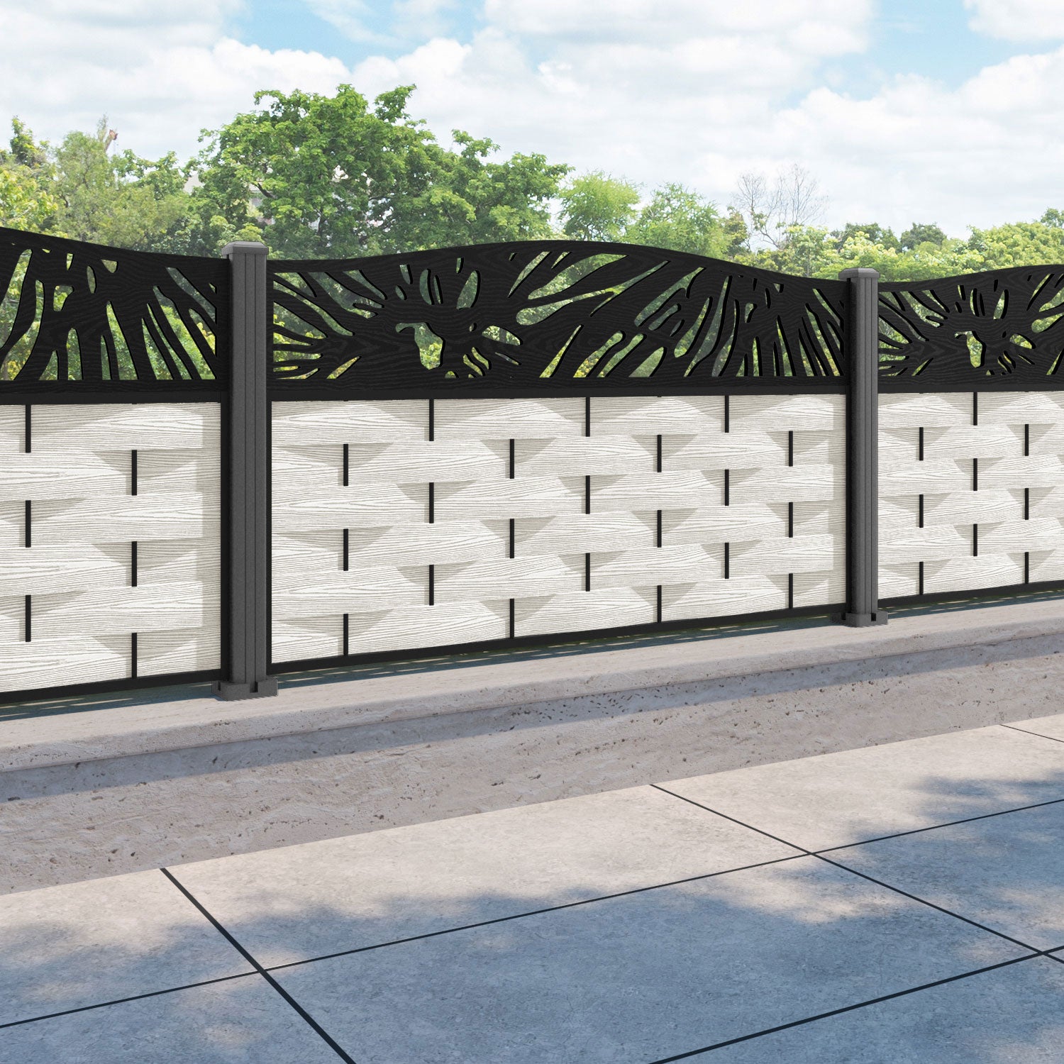 Ripple Poppy Curved Top Fence Panel - Light Stone - with our aluminium posts