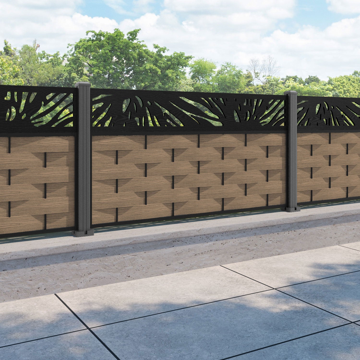 Ripple Poppy Fence Panel - Teak - with our aluminium posts