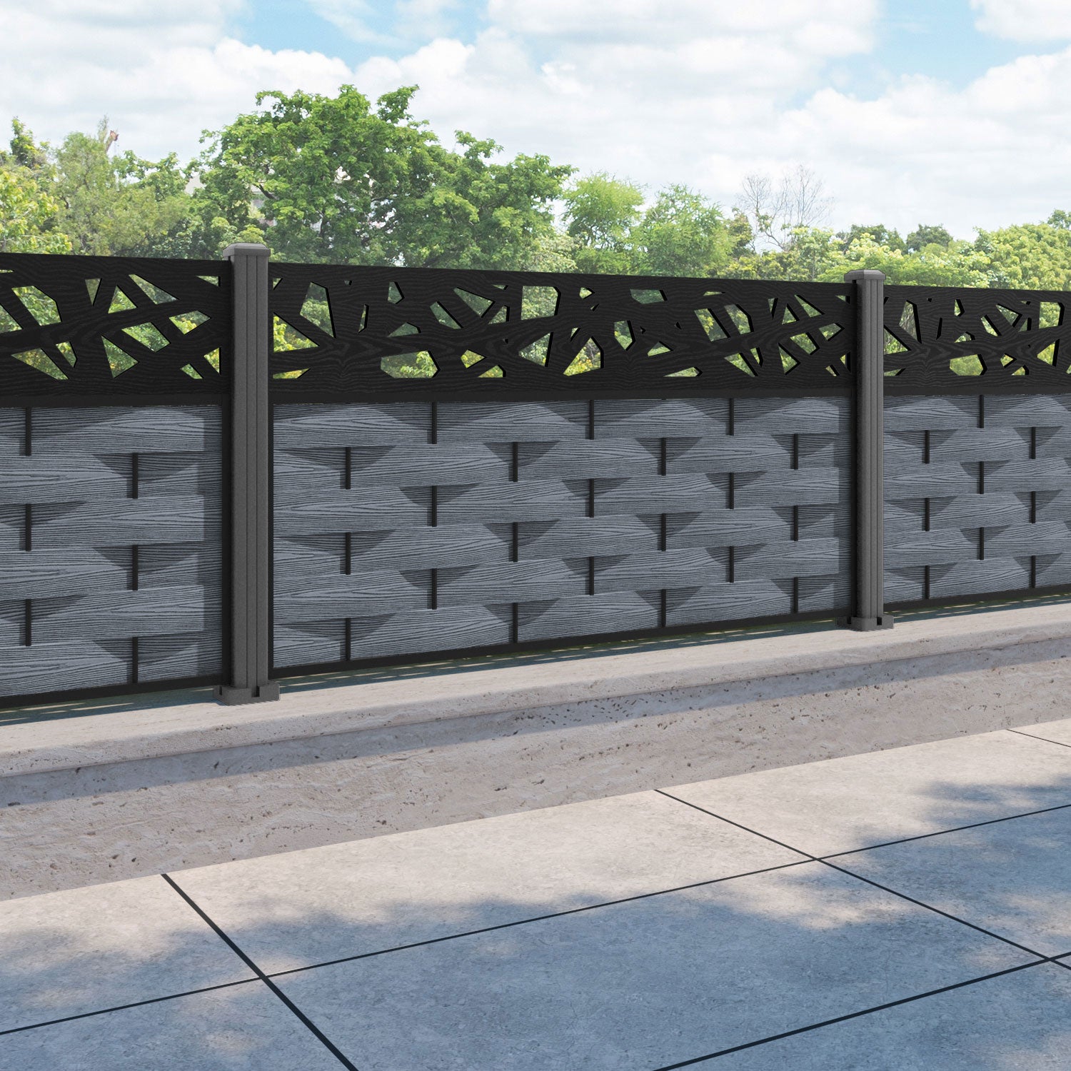 Ripple Prism Fence Panel - Anthracite - with our aluminium posts
