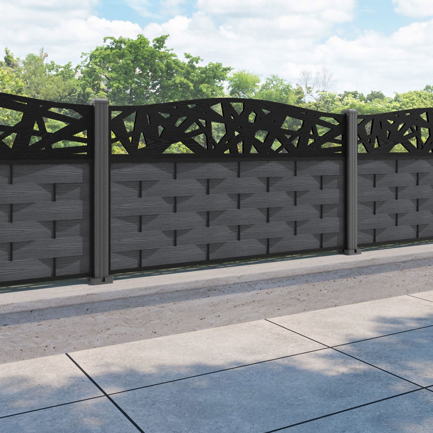 Ripple Prism Curved Top Fence Panel - Dark Grey - with our aluminium posts