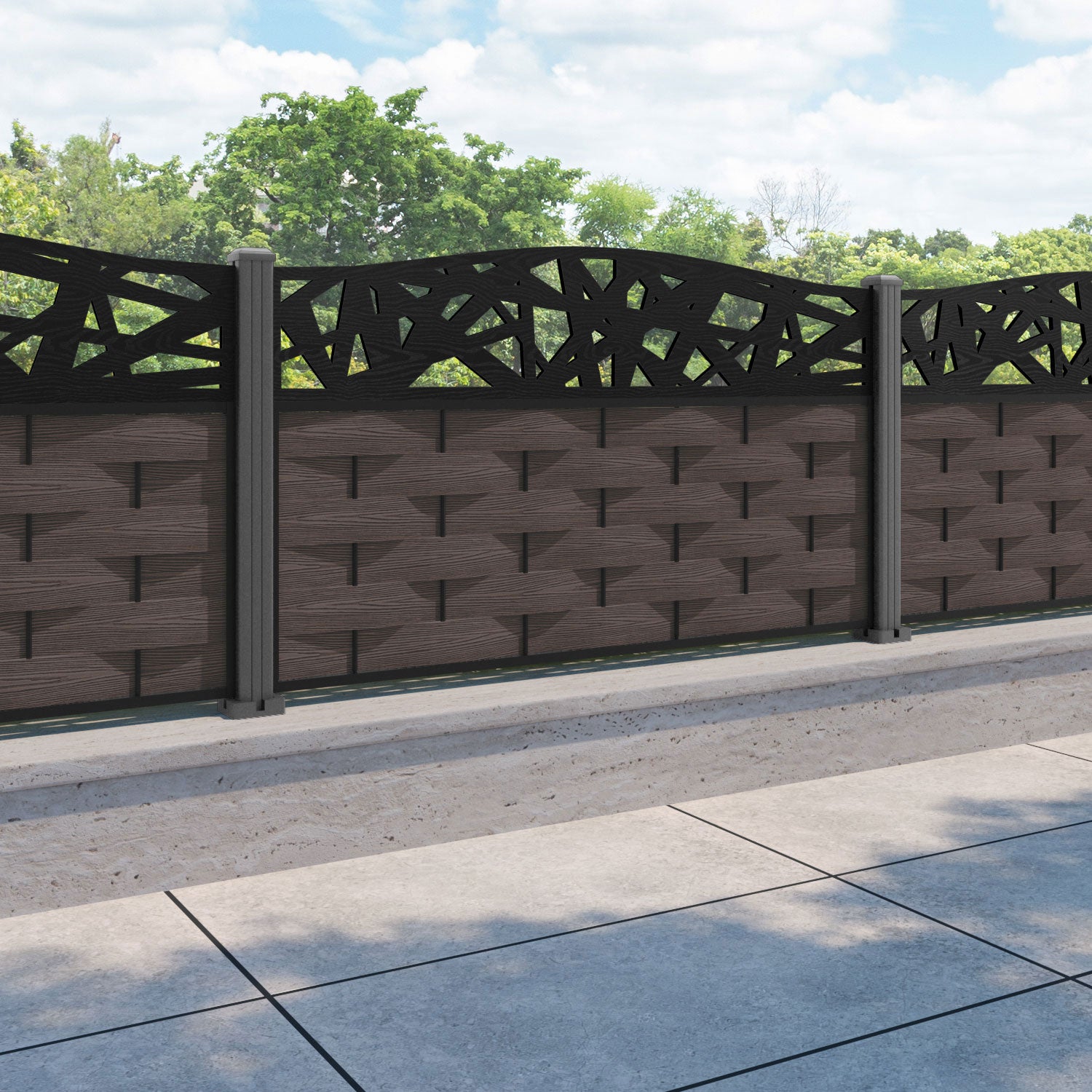 Ripple Prism Curved Top Fence Panel - Mid Brown - with our aluminium posts