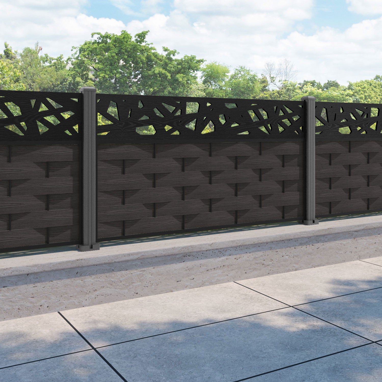 Ripple Prism Fence Panel - Dark Oak - with our aluminium posts