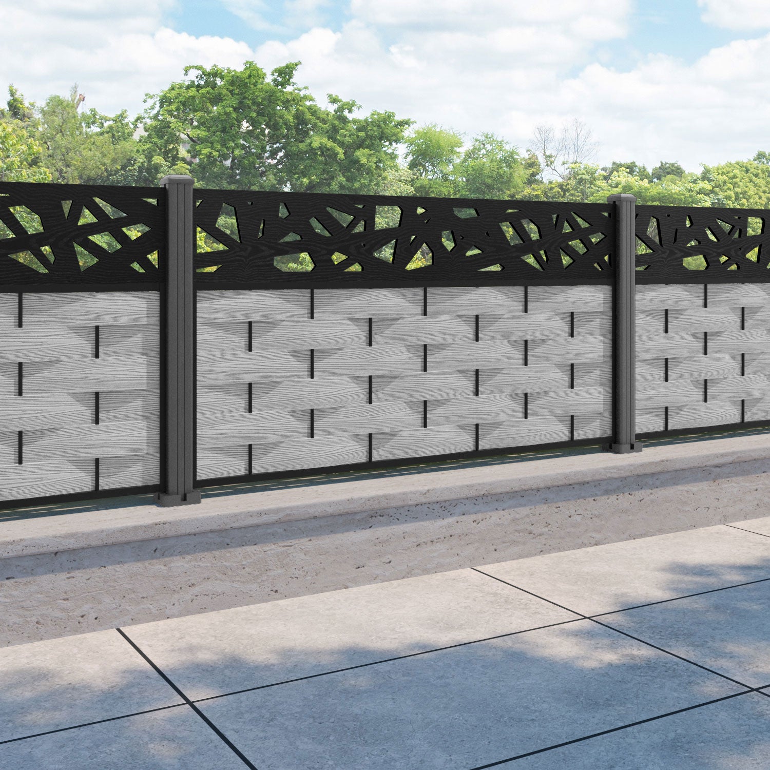 Ripple Prism Fence Panel - Light Grey - with our aluminium posts