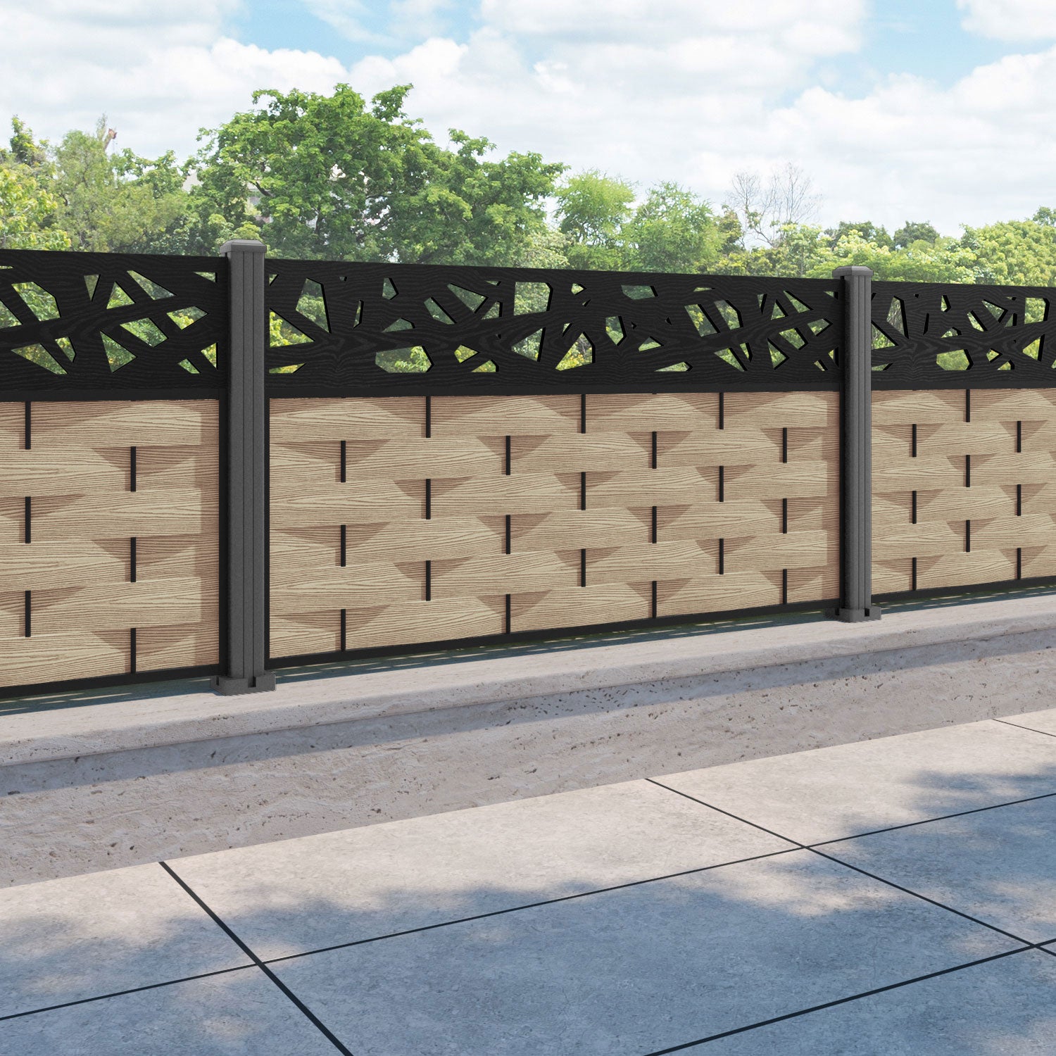 Ripple Prism Fence Panel - Light Oak - with our aluminium posts