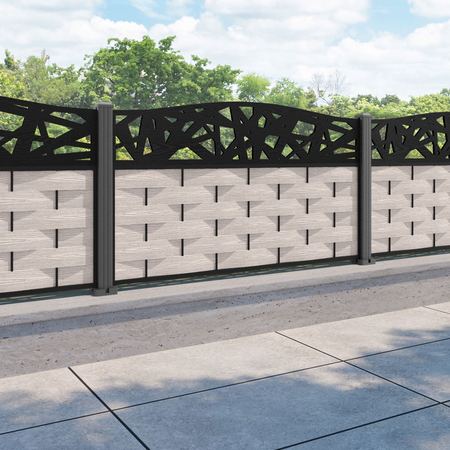 Ripple Prism Curved Top Fence Panel - Mid Stone - with our aluminium posts