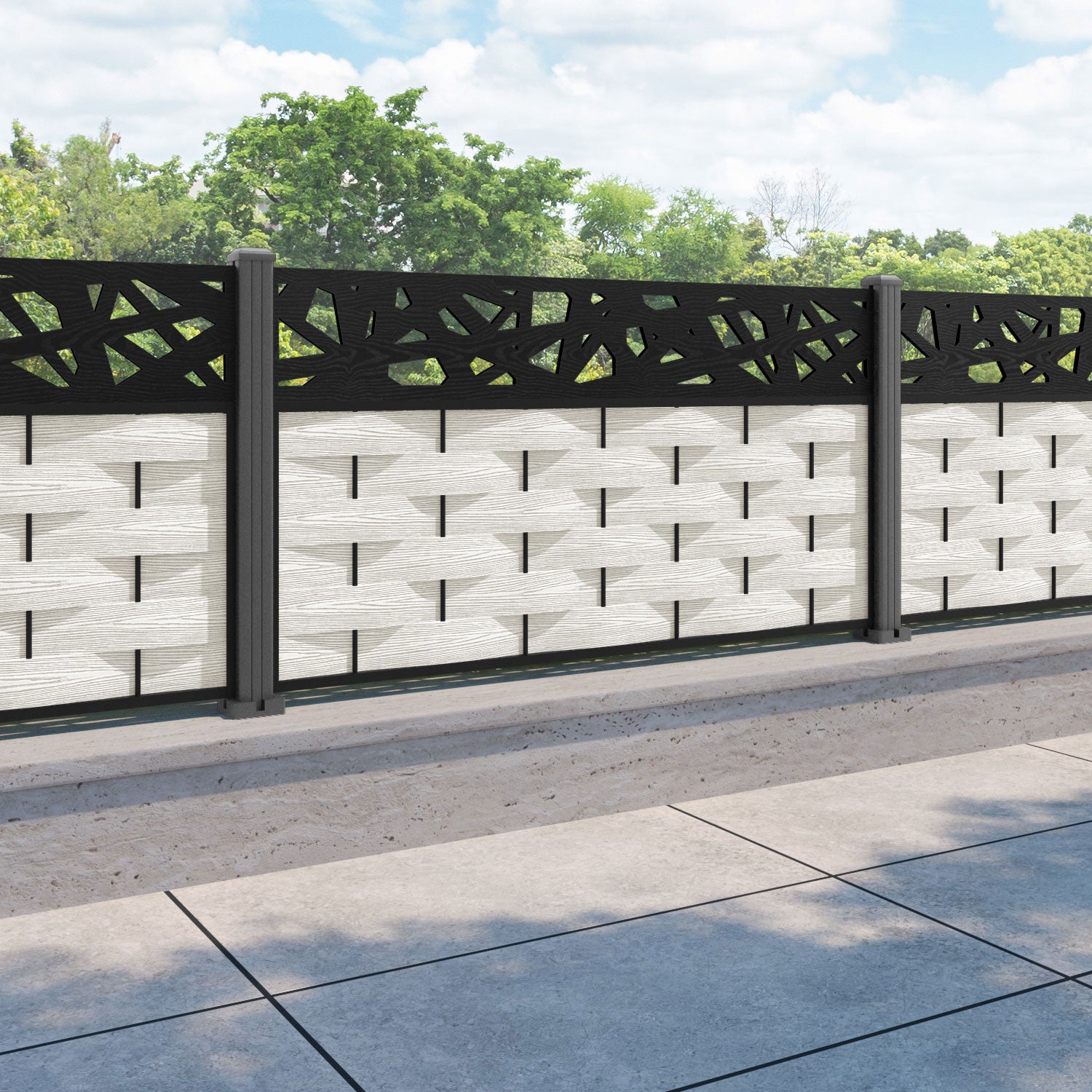 Ripple Prism Fence Panel - Light Stone - with our aluminium posts