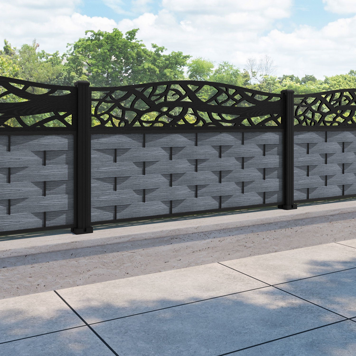 Ripple Twilight Curved Top Fence Panel - Anthracite - with our aluminium posts