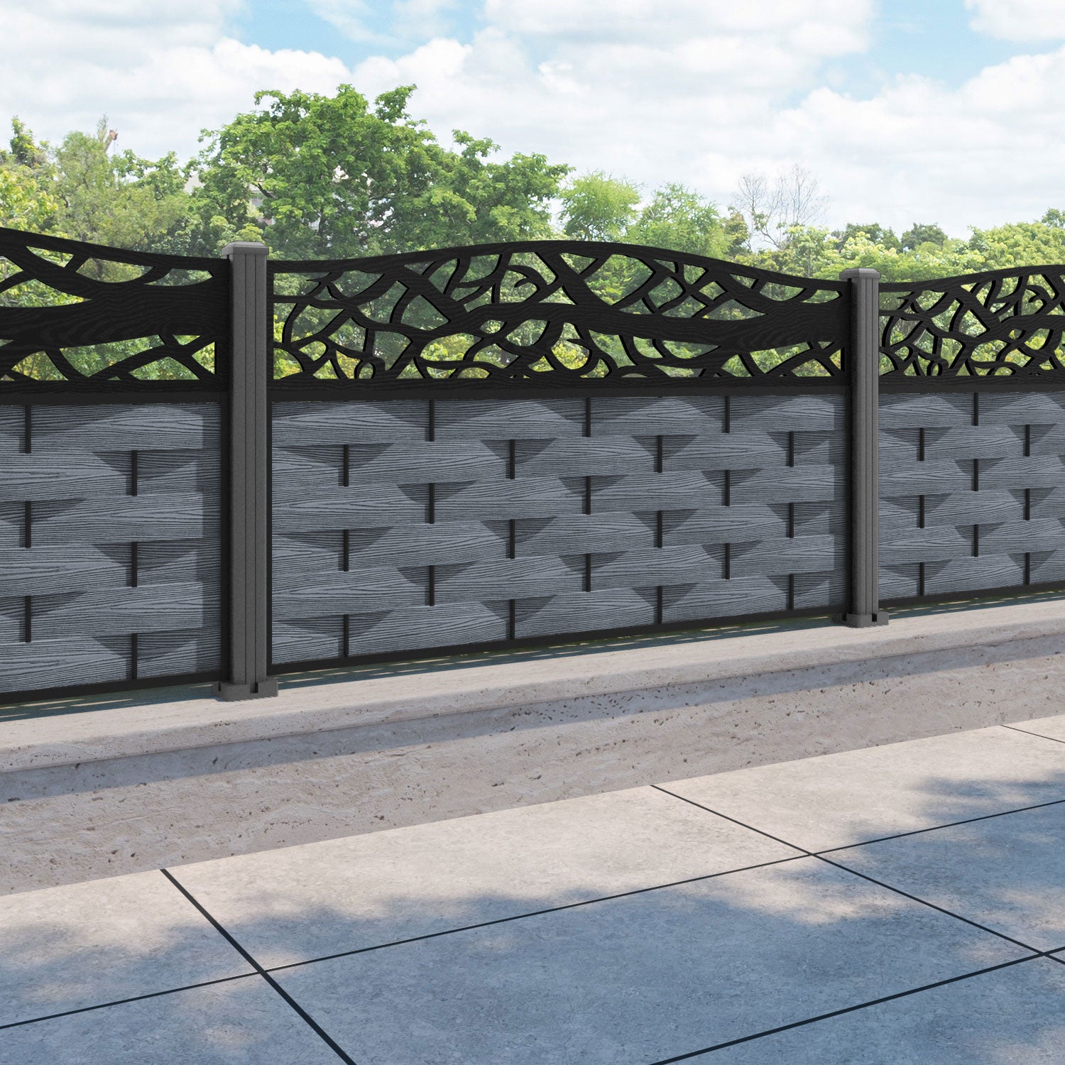Ripple Twilight Curved Top Fence Panel - Anthracite - with our aluminium posts