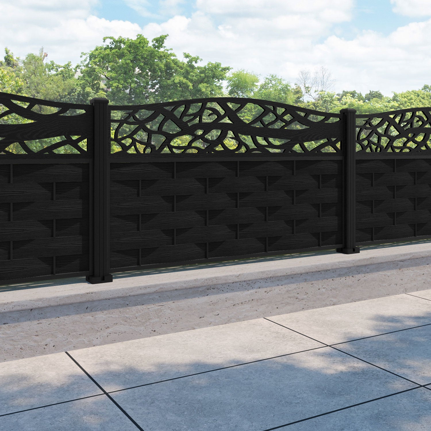 Ripple Twilight Curved Top Fence Panel - Black - with our aluminium posts