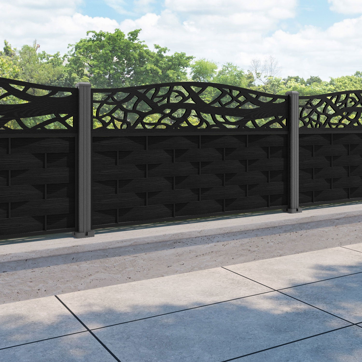 Ripple Twilight Curved Top Fence Panel - Black - with our aluminium posts