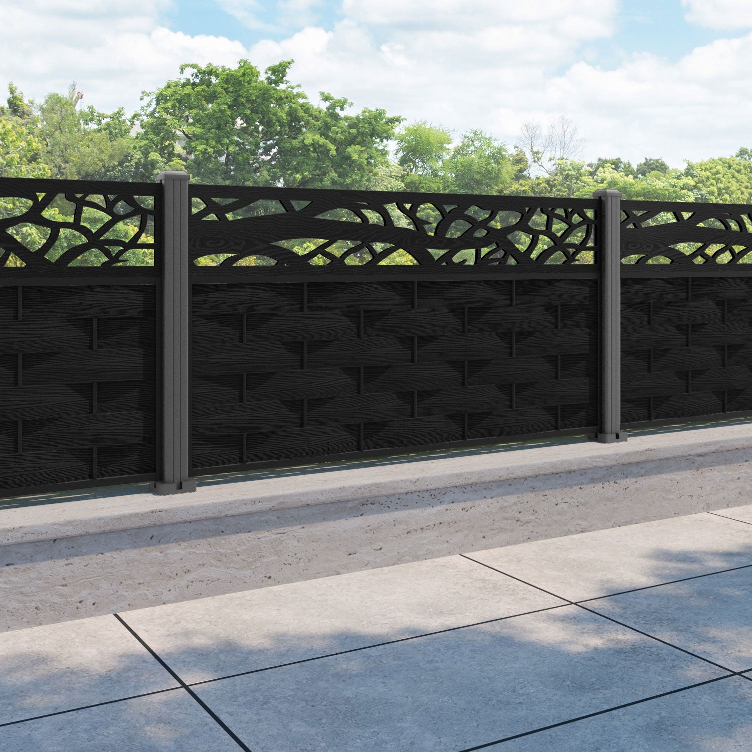 Ripple Twilight Fence Panel - Black - with our aluminium posts