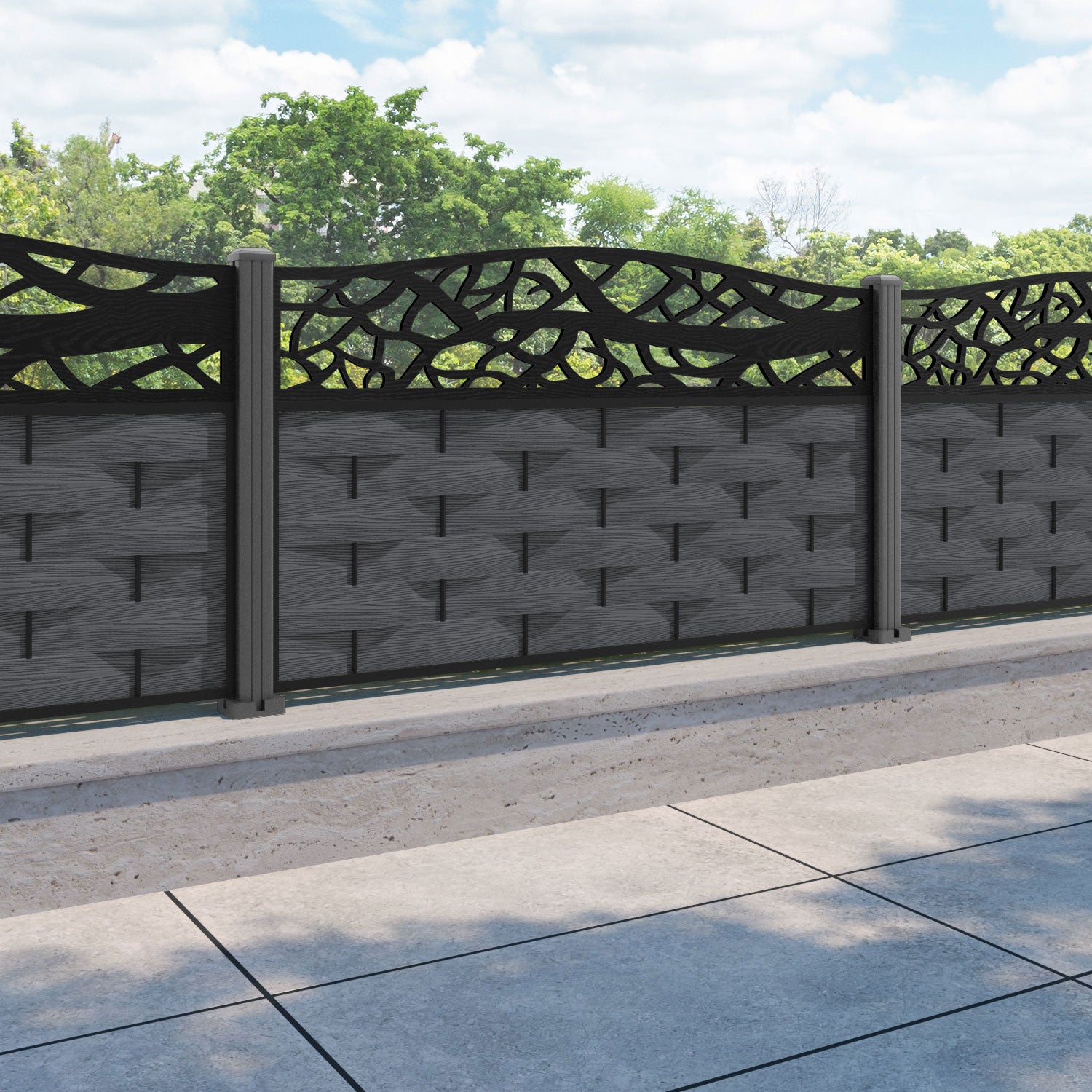 Ripple Twilight Curved Top Fence Panel - Dark Grey - with our aluminium posts