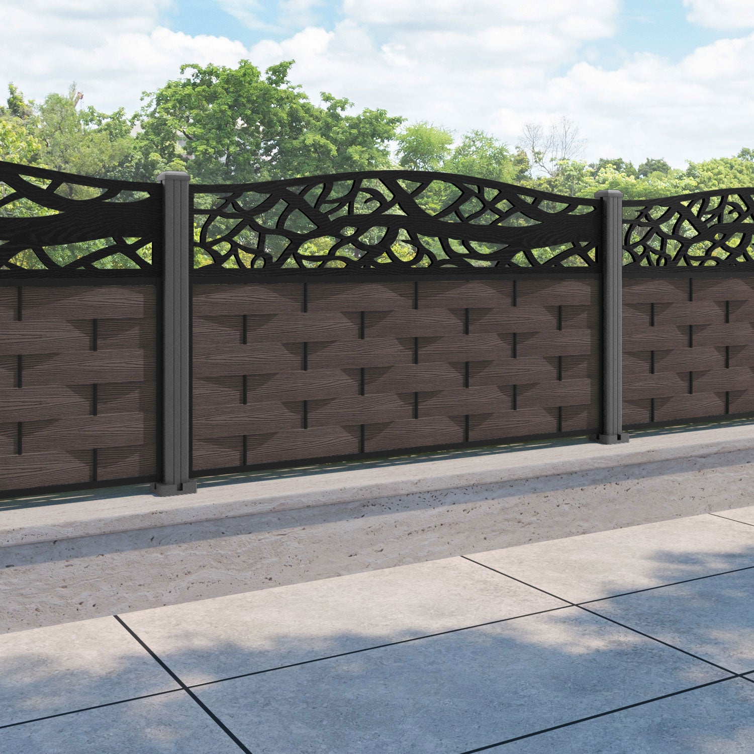 Ripple Twilight Curved Top Fence Panel - Mid Brown - with our aluminium posts
