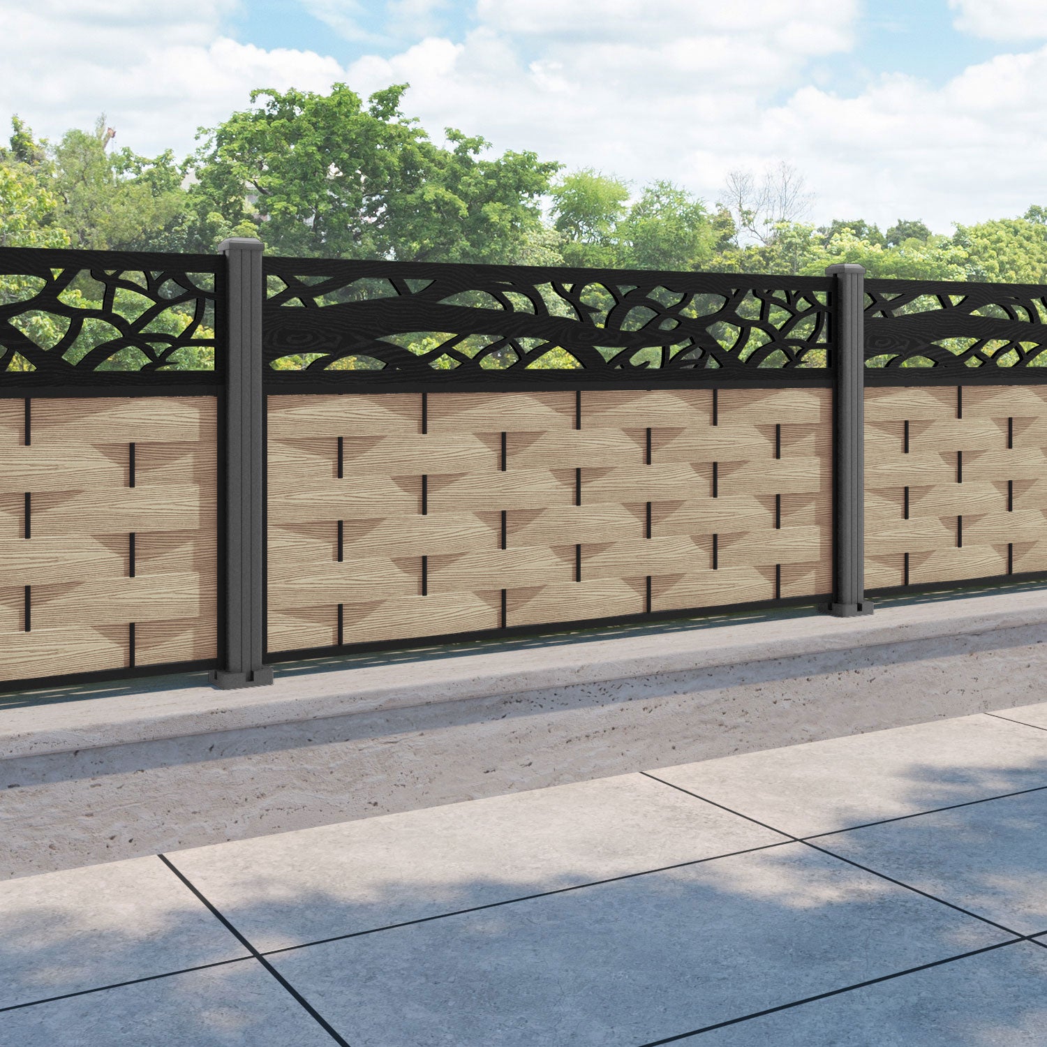 Ripple Twilight Fence Panel - Light Oak - with our aluminium posts