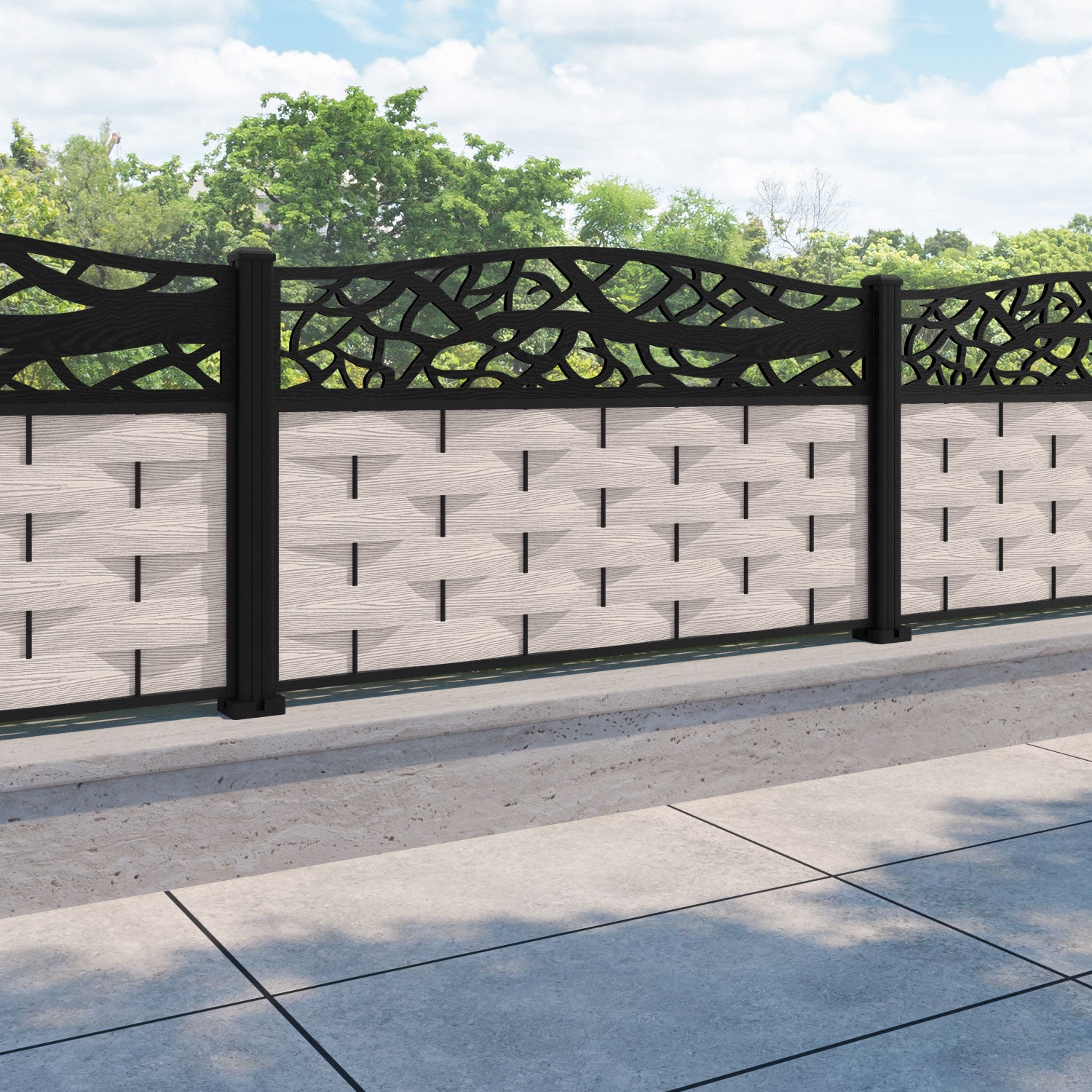 Ripple Twilight Curved Top Fence Panel - Mid Stone - with our aluminium posts