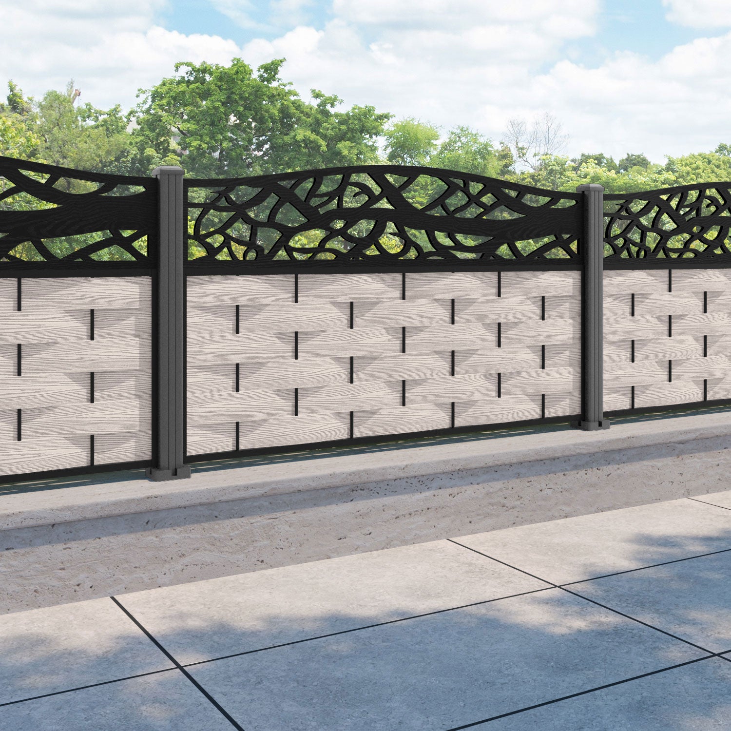 Ripple Twilight Curved Top Fence Panel - Mid Stone - with our aluminium posts