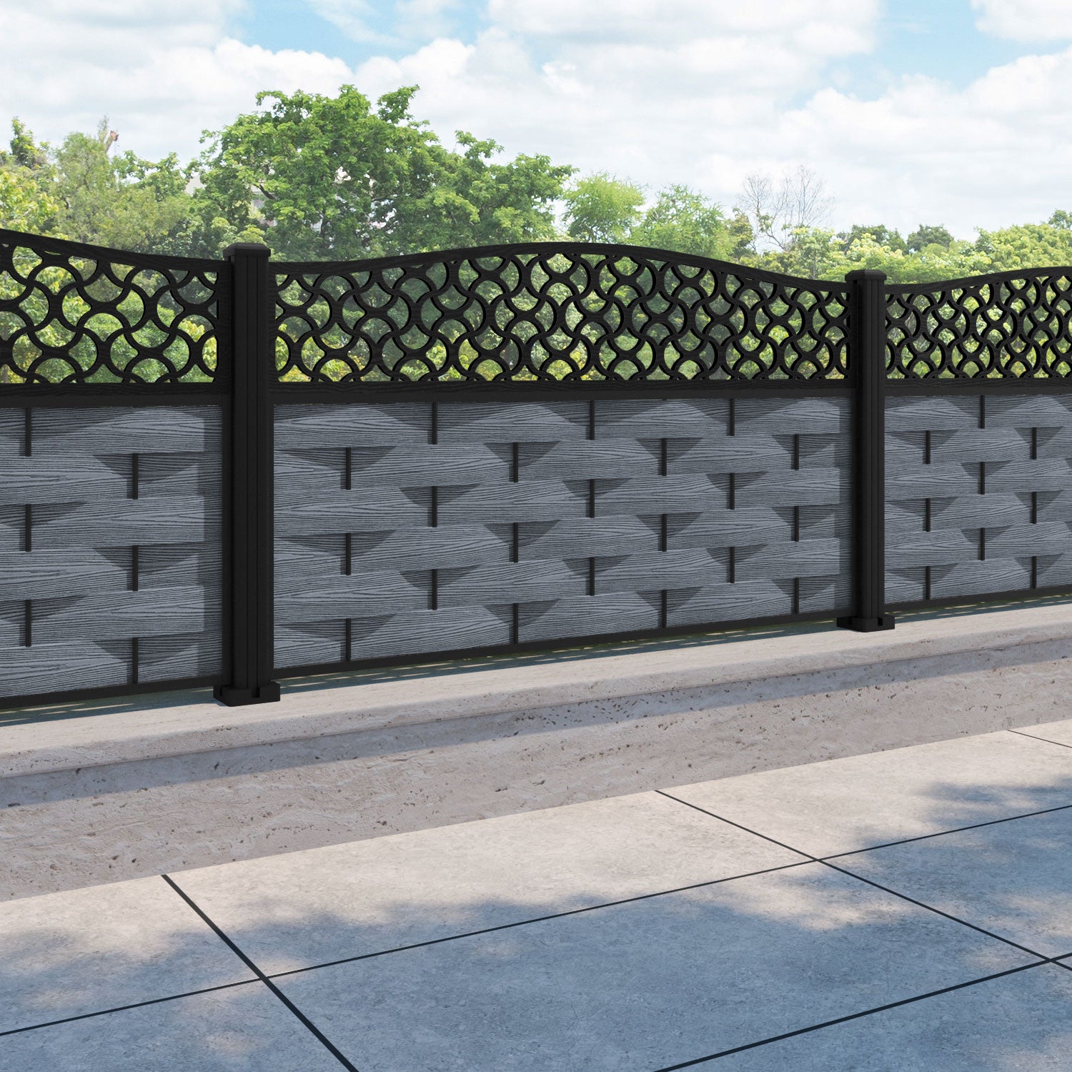 Ripple Vida Curved Top Fence Panel - Anthracite - with our aluminium posts
