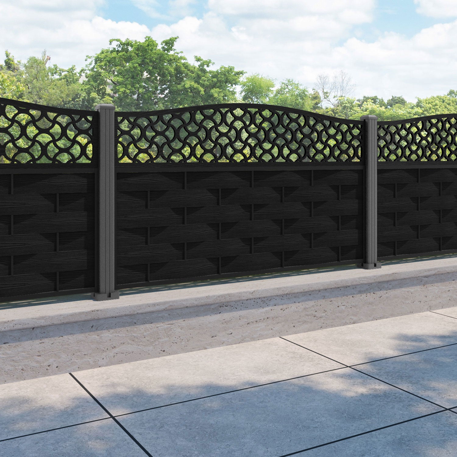 Ripple Vida Curved Top Fence Panel - Black - with our aluminium posts