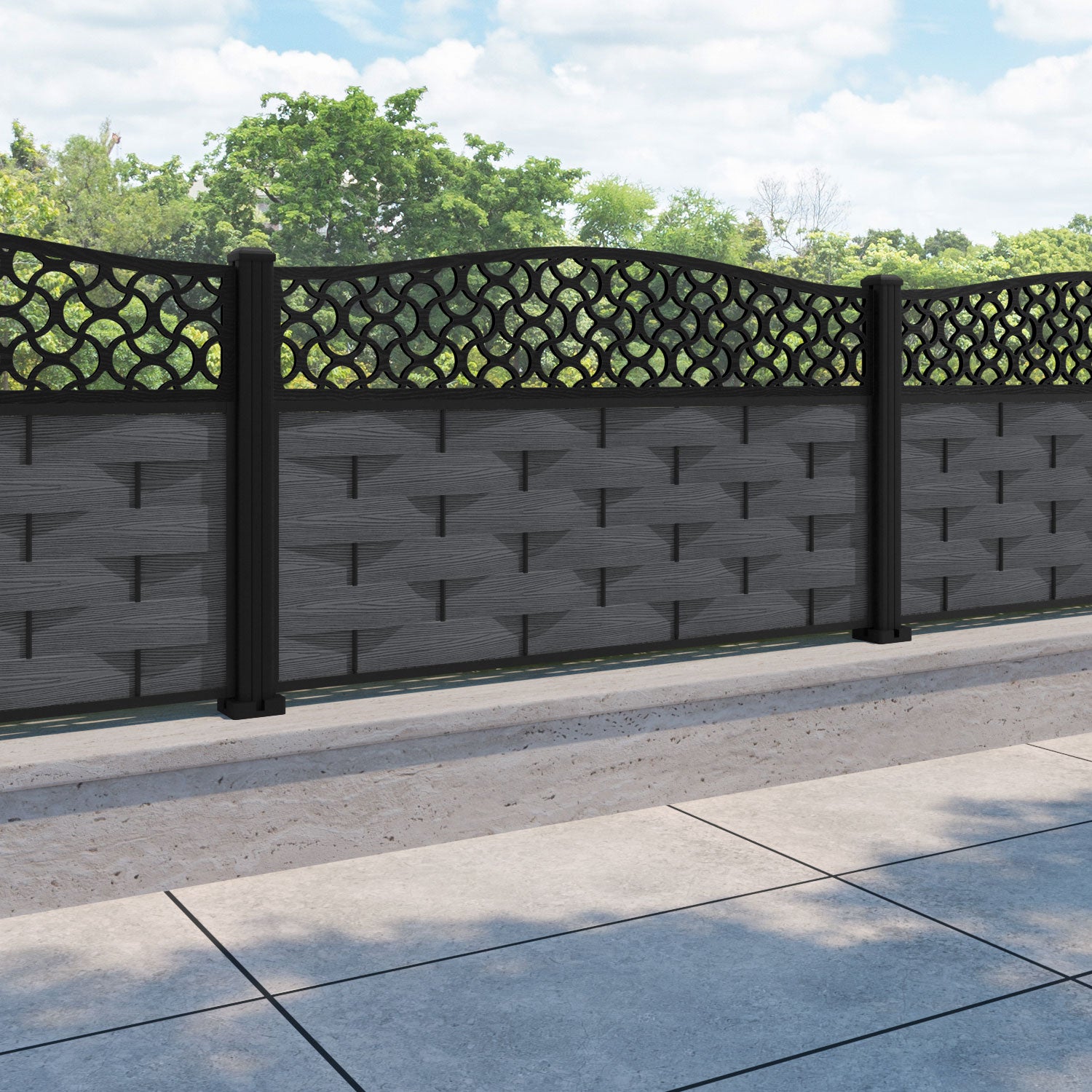 Ripple Vida Curved Top Fence Panel - Dark Grey - with our aluminium posts