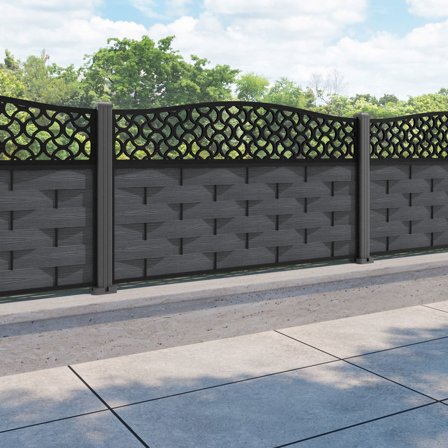 Ripple Vida Curved Top Fence Panel - Dark Grey - with our aluminium posts