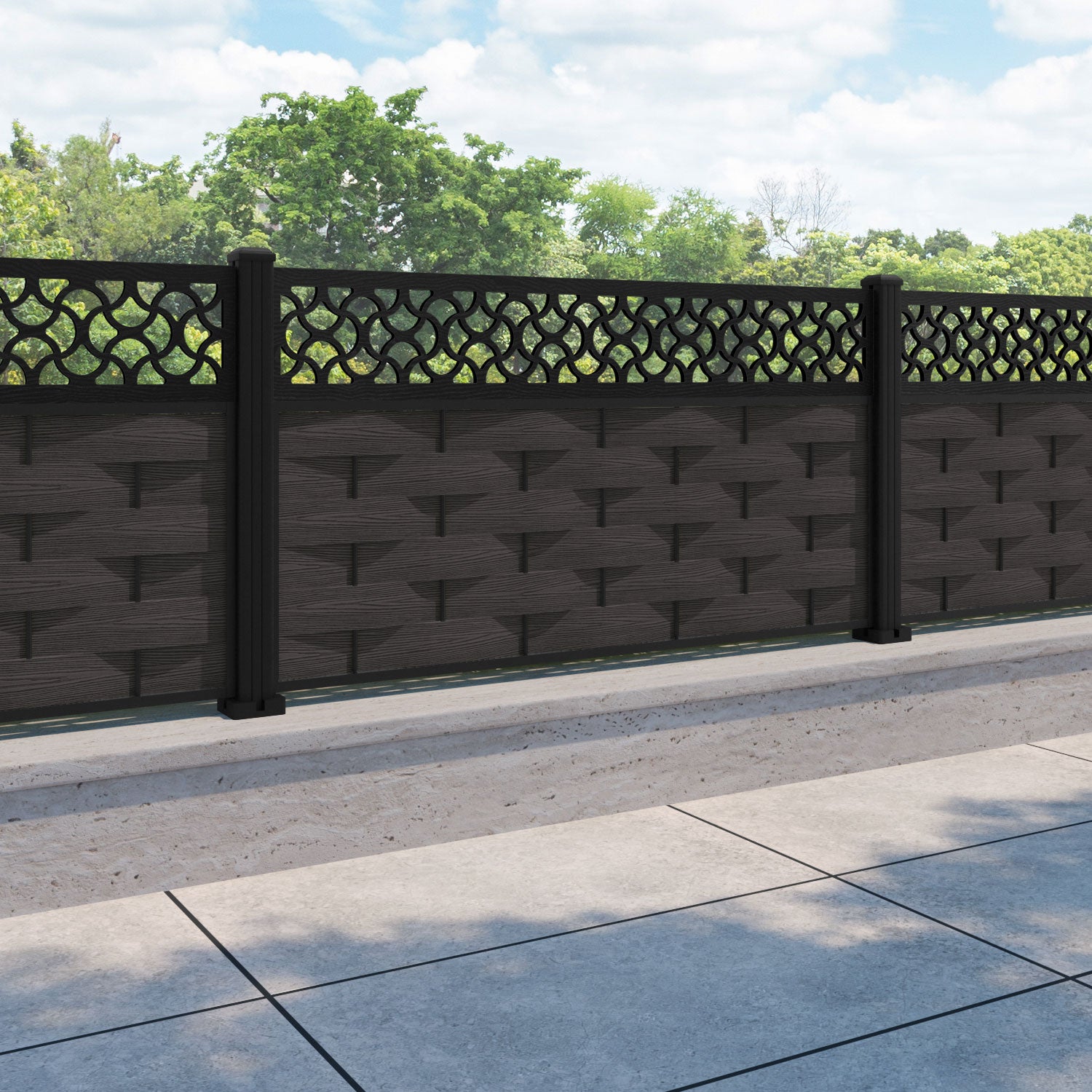 Ripple Vida Fence Panel - Dark Oak - with our aluminium posts