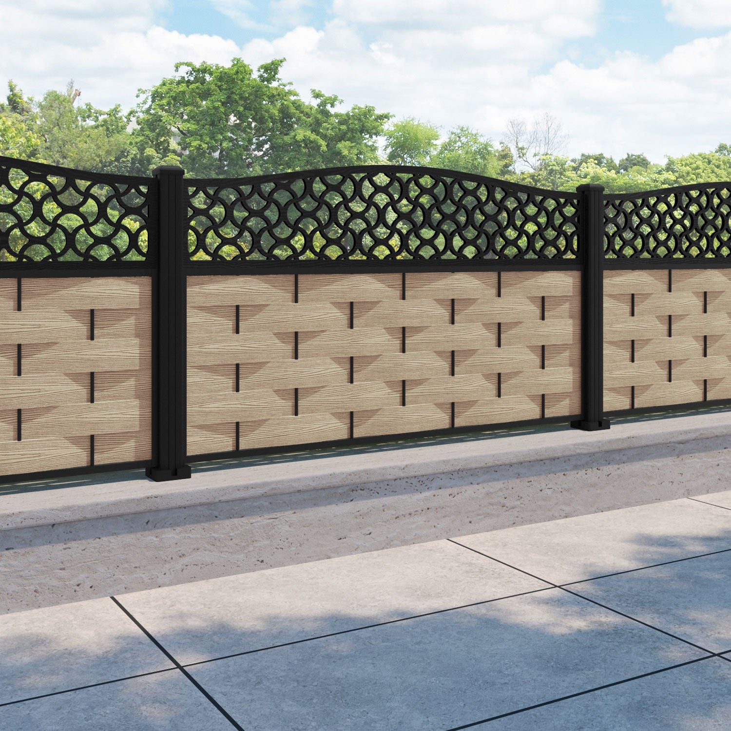 Ripple Vida Curved Top Fence Panel - Light Oak - with our aluminium posts