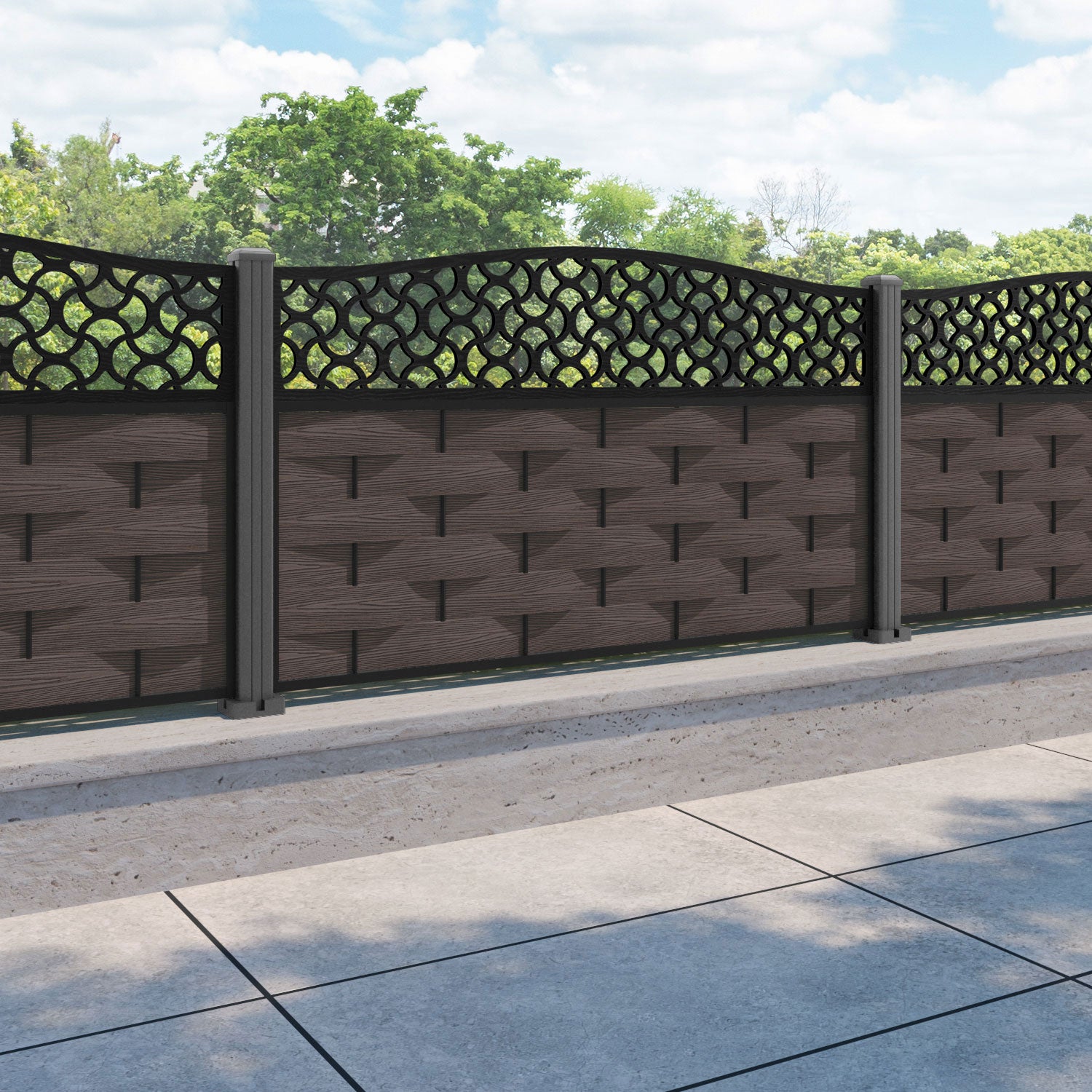 Ripple Vida Curved Top Fence Panel - Mid Brown - with our aluminium posts