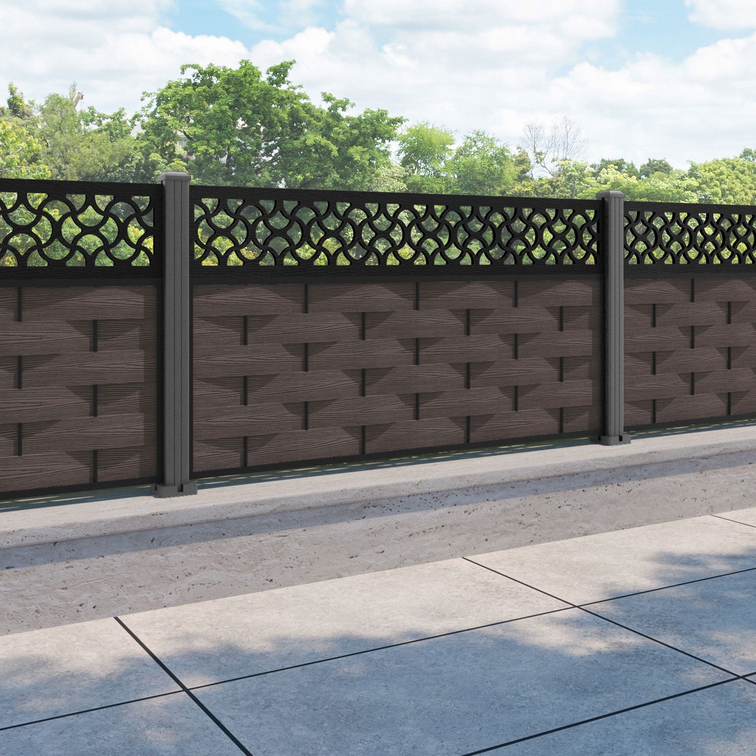 Ripple Vida Fence Panel - Mid Brown - with our aluminium posts