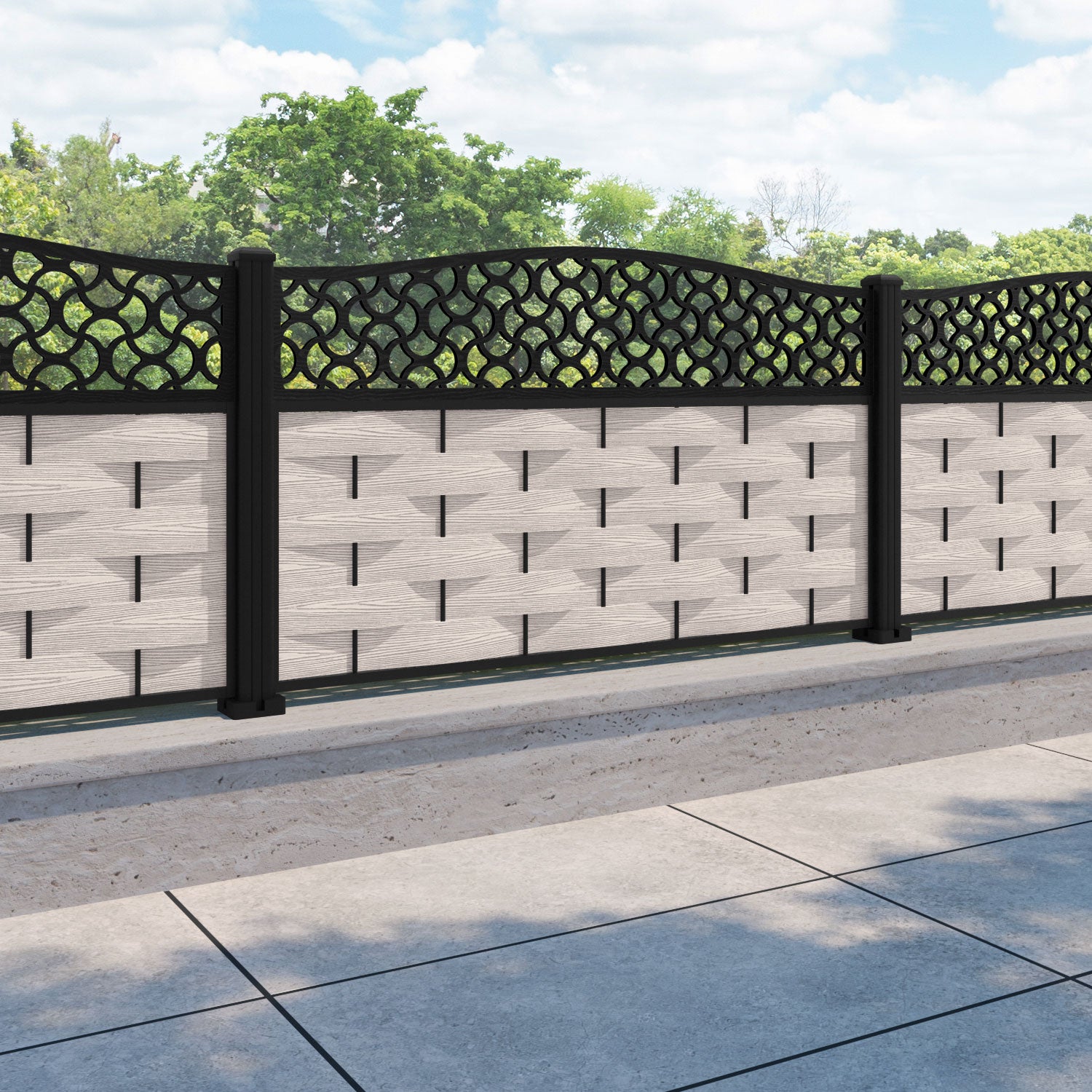 Ripple Vida Curved Top Fence Panel - Mid Stone - with our aluminium posts