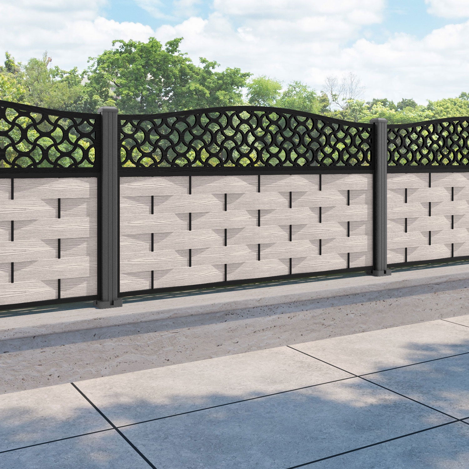 Ripple Vida Curved Top Fence Panel - Mid Stone - with our aluminium posts