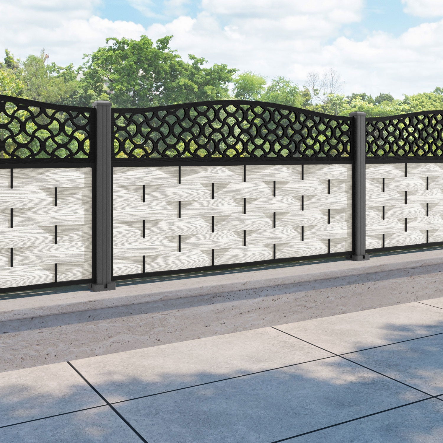 Ripple Vida Curved Top Fence Panel - Light Stone - with our aluminium posts