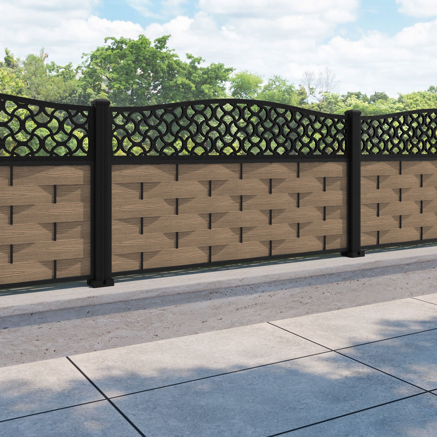 Ripple Vida Curved Top Fence Panel - Teak - with our aluminium posts