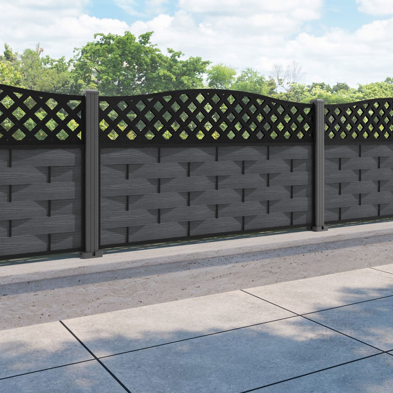 Ripple High Wave Fence Panel - Dark Grey - with our aluminium posts