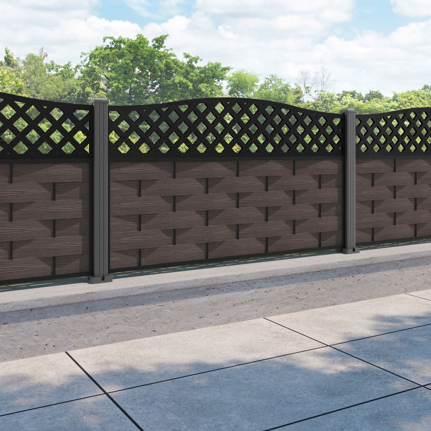 Ripple High Wave Fence Panel - Mid Brown - with our aluminium posts