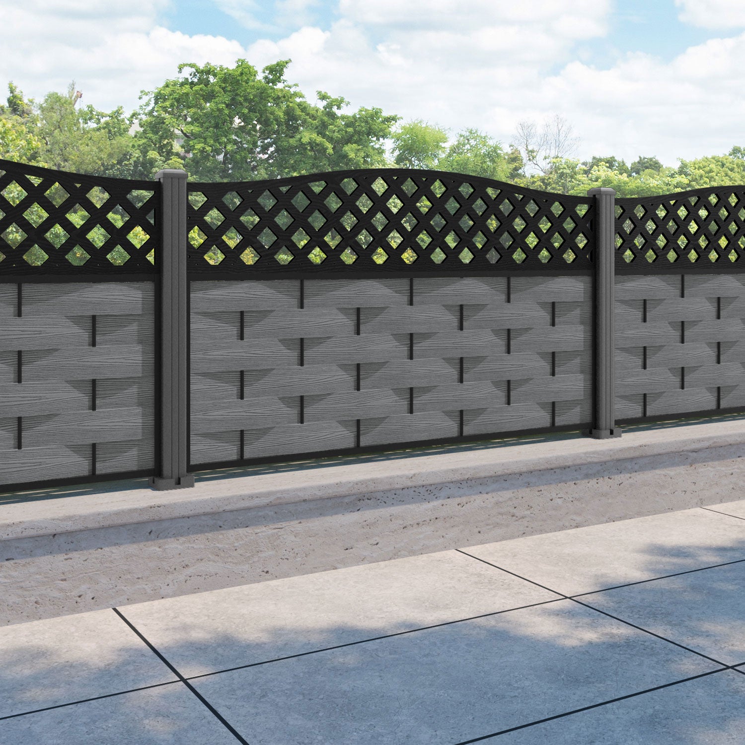 Ripple High Wave Fence Panel - Mid Grey - with our aluminium posts