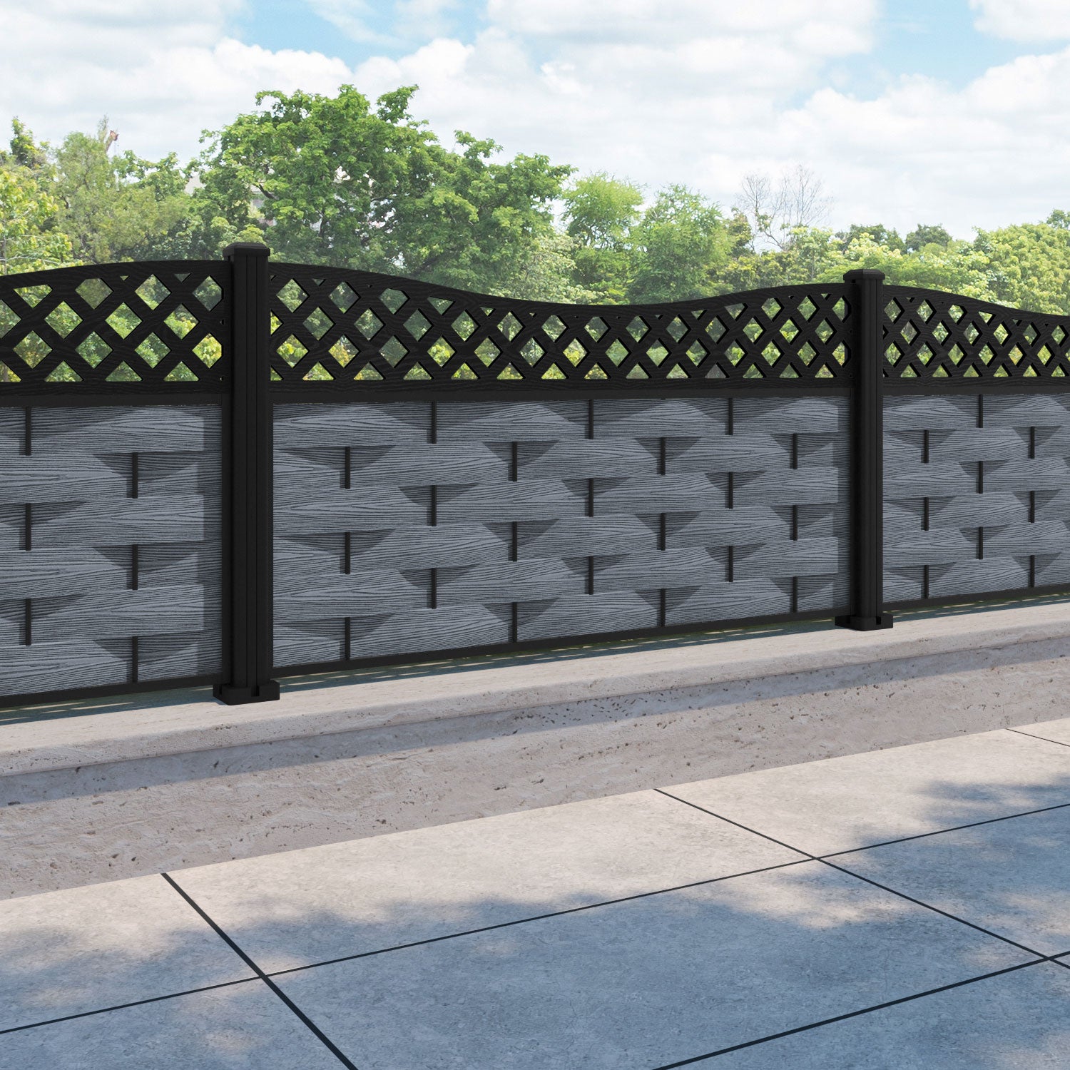 Ripple Low Wave Curved Top Fence Panel - Anthracite - with our aluminium posts