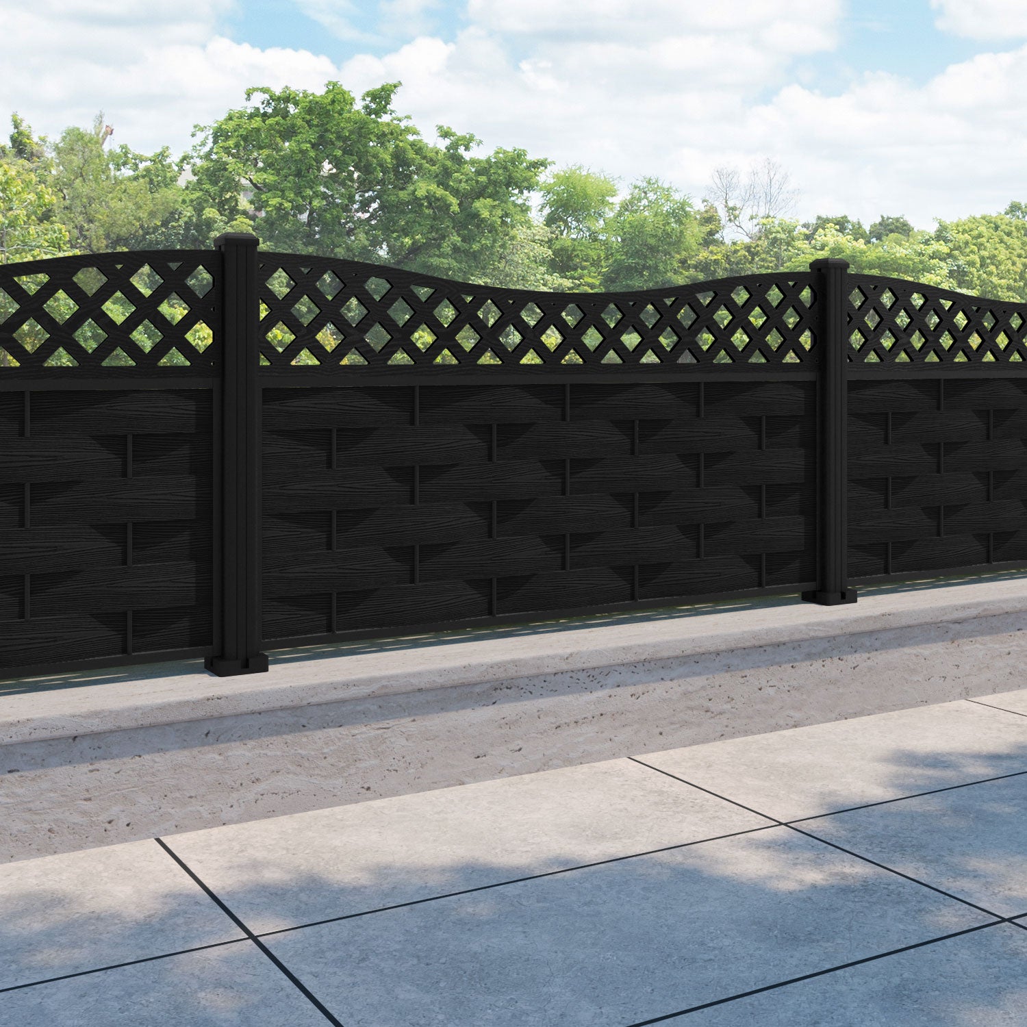 Ripple Low Wave Curved Top Fence Panel - Black - with our aluminium posts