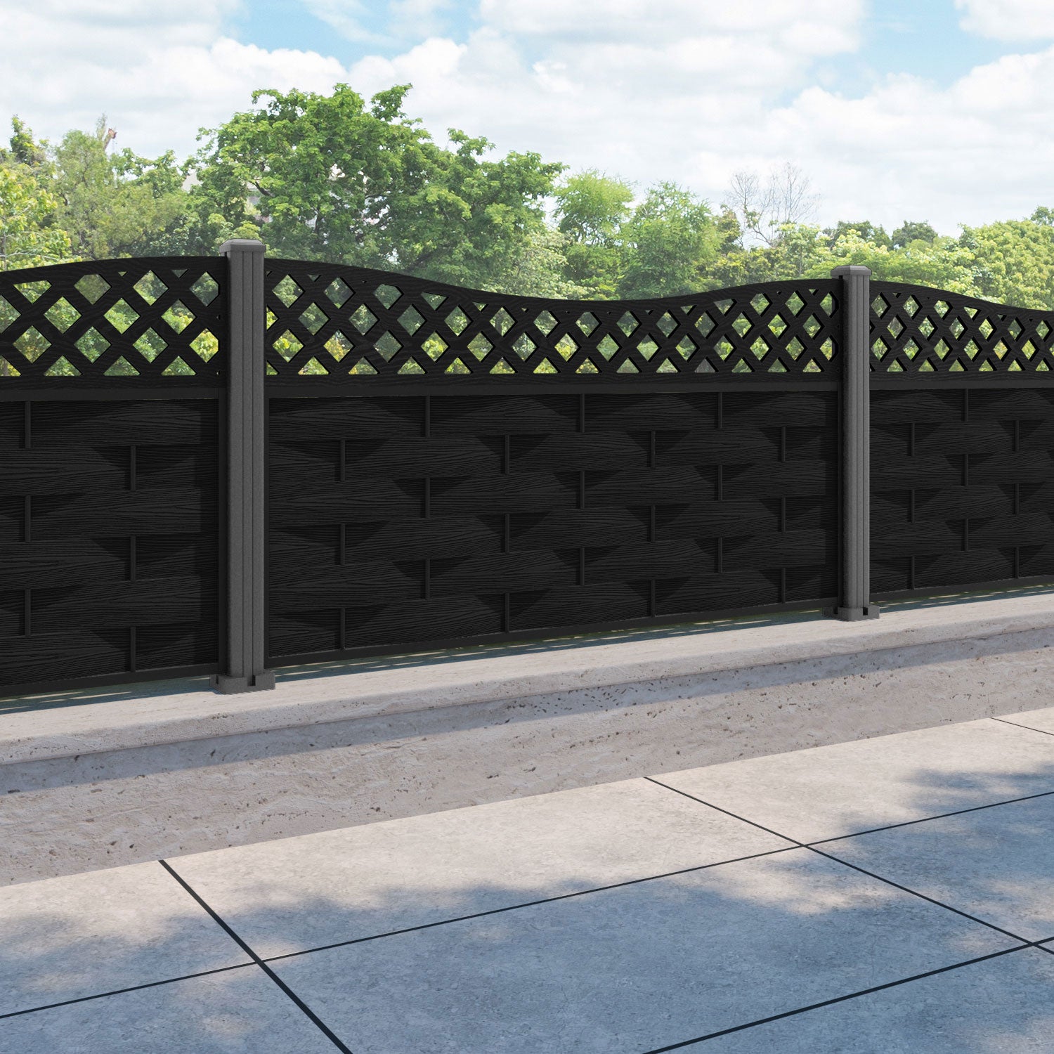 Ripple Low Wave Curved Top Fence Panel - Black - with our aluminium posts