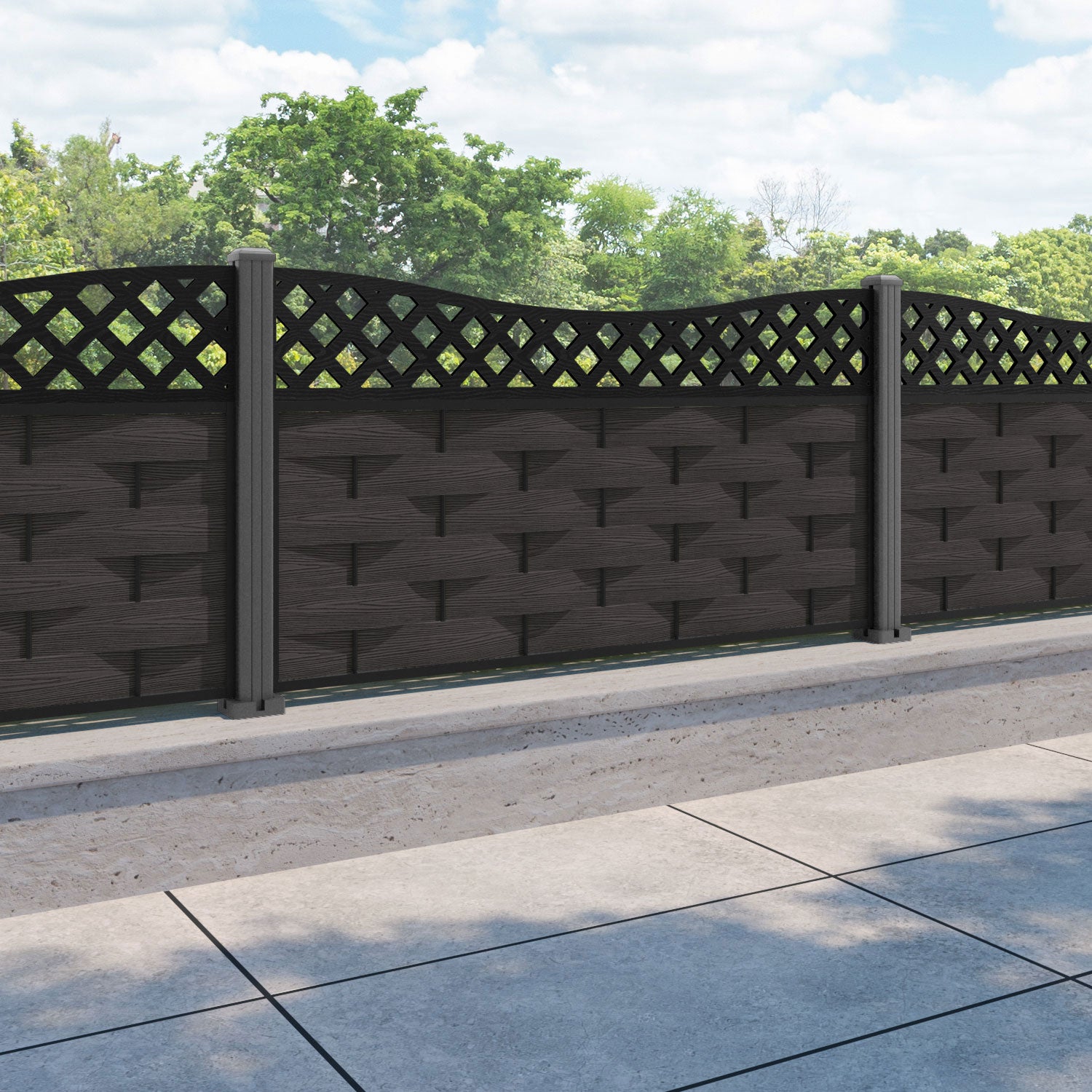 Ripple Low Wave Fence Panel - Dark Oak - with our aluminium posts