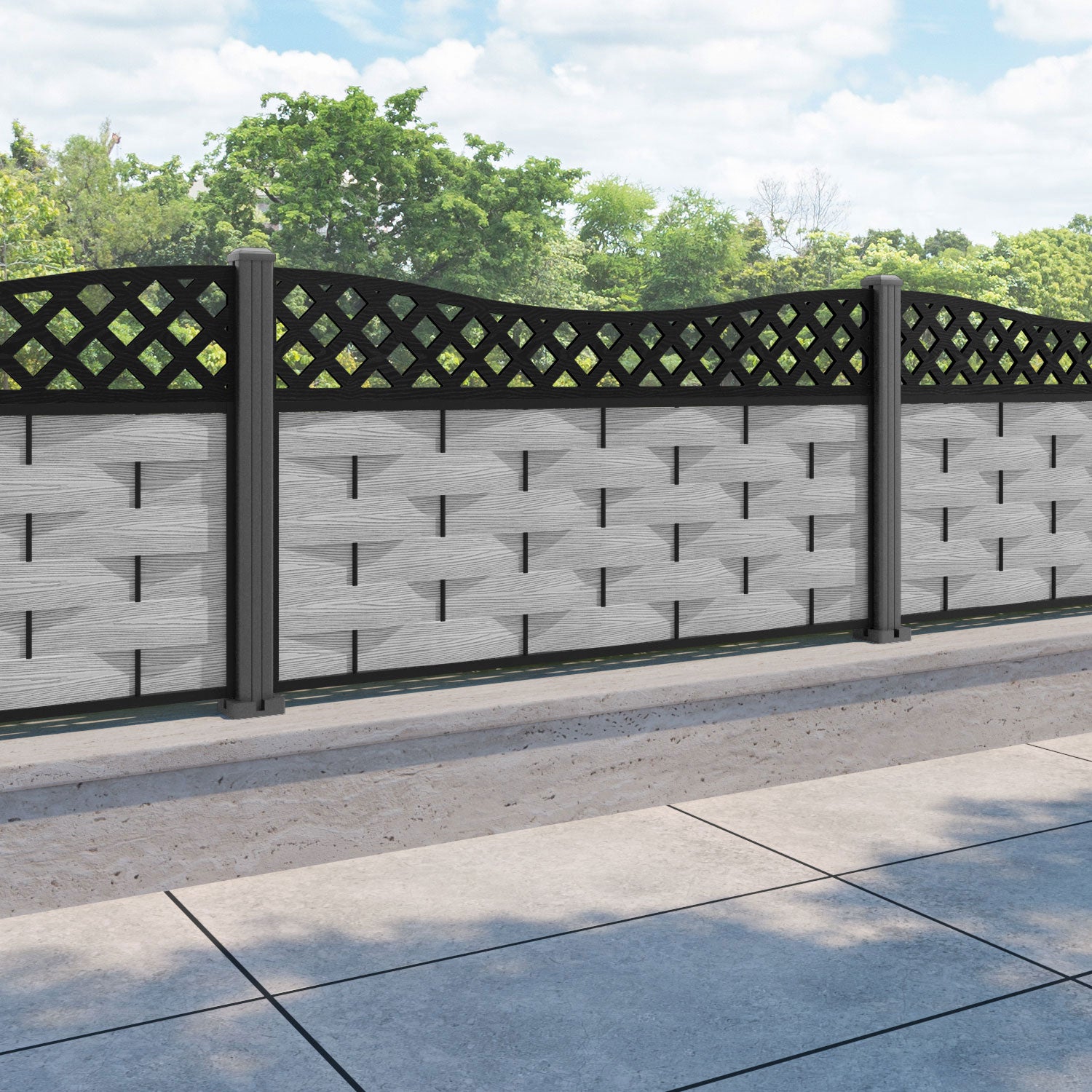 Ripple Low Wave Fence Panel - Light Grey - with our aluminium posts