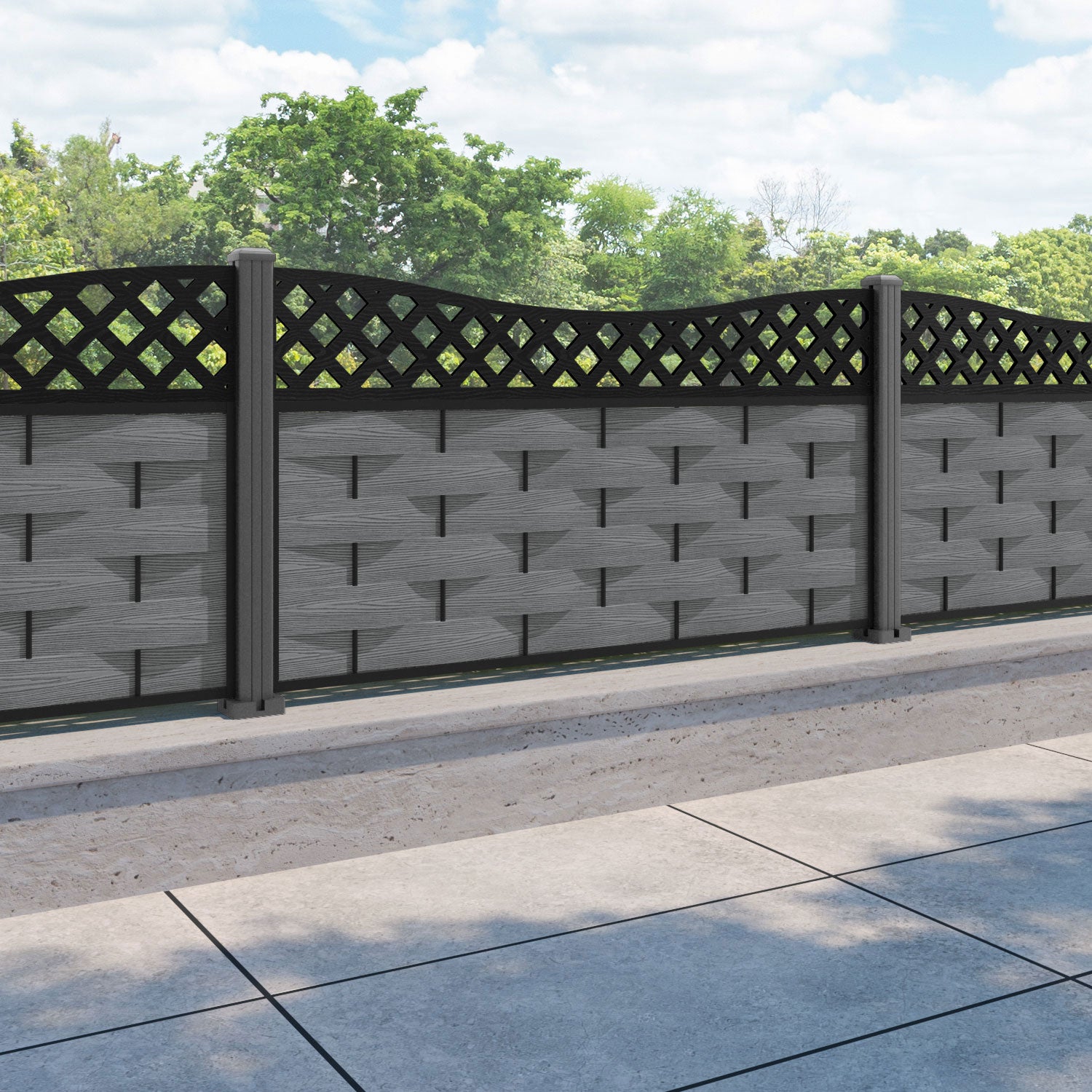 Ripple Low Wave Fence Panel - Mid Grey - with our aluminium posts
