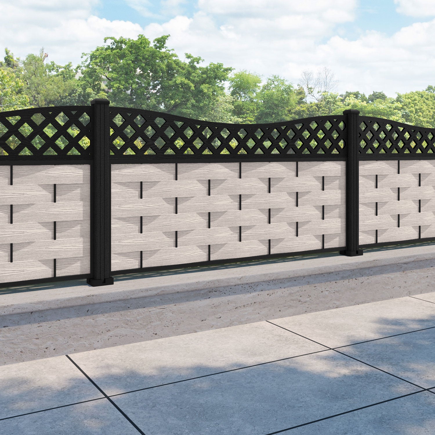 Ripple Low Wave Curved Top Fence Panel - Mid Stone - with our composite posts