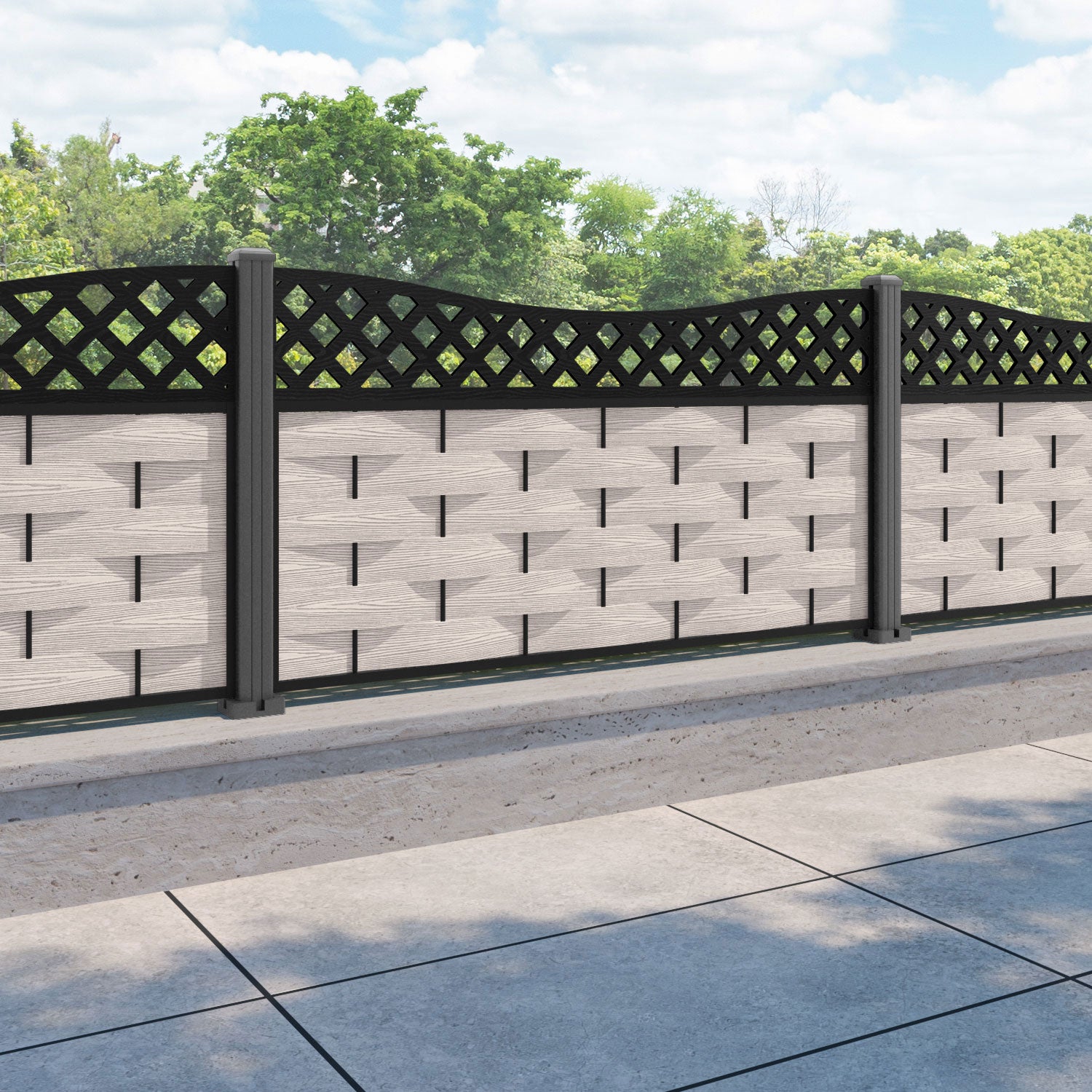 Ripple Low Wave Curved Top Fence Panel - Mid Stone - with our aluminium posts