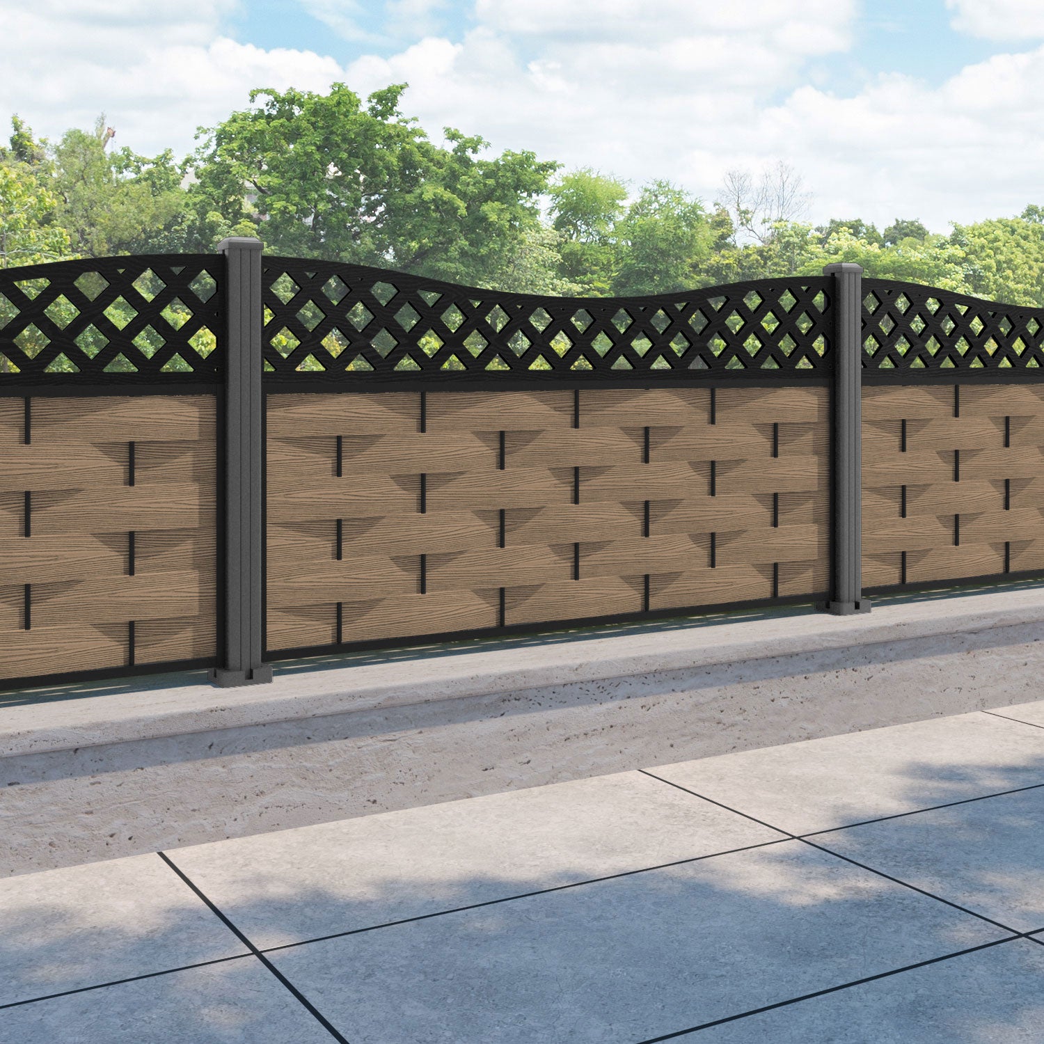 Ripple Low Wave Fence Panel - Teak - with our aluminium posts