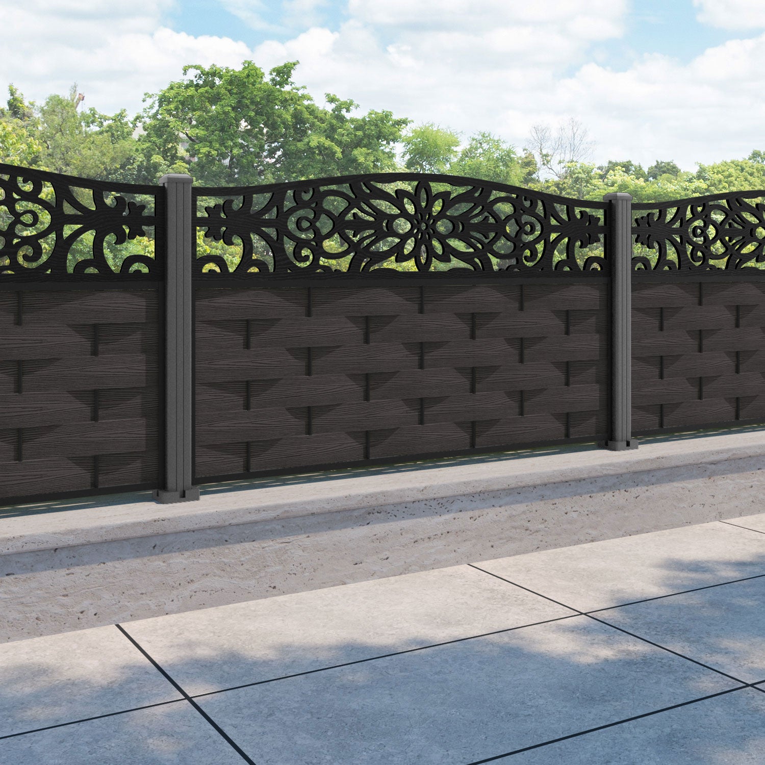 Ripple Windsor Curved Top Fence Panel - Dark Oak - with our aluminium posts