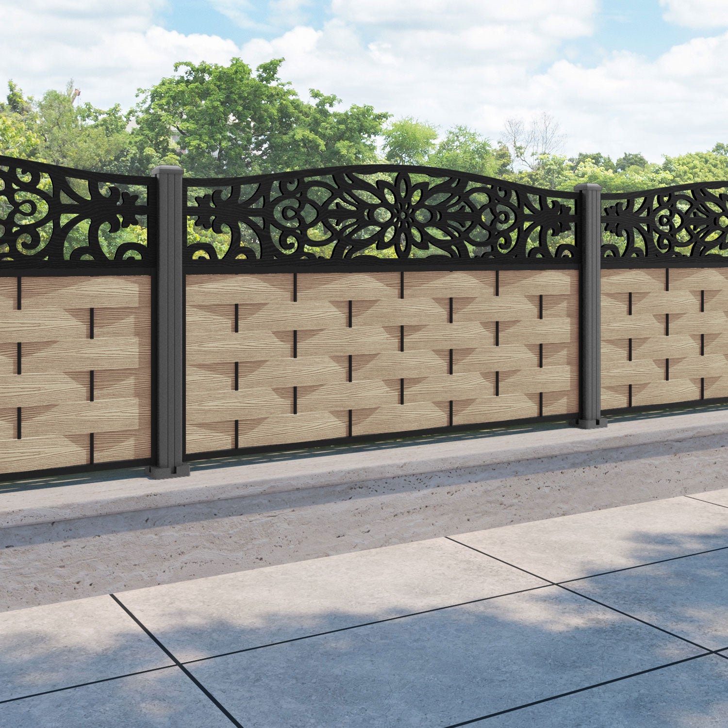 Ripple Windsor Curved Top Fence Panel - Light Oak - with our aluminium posts